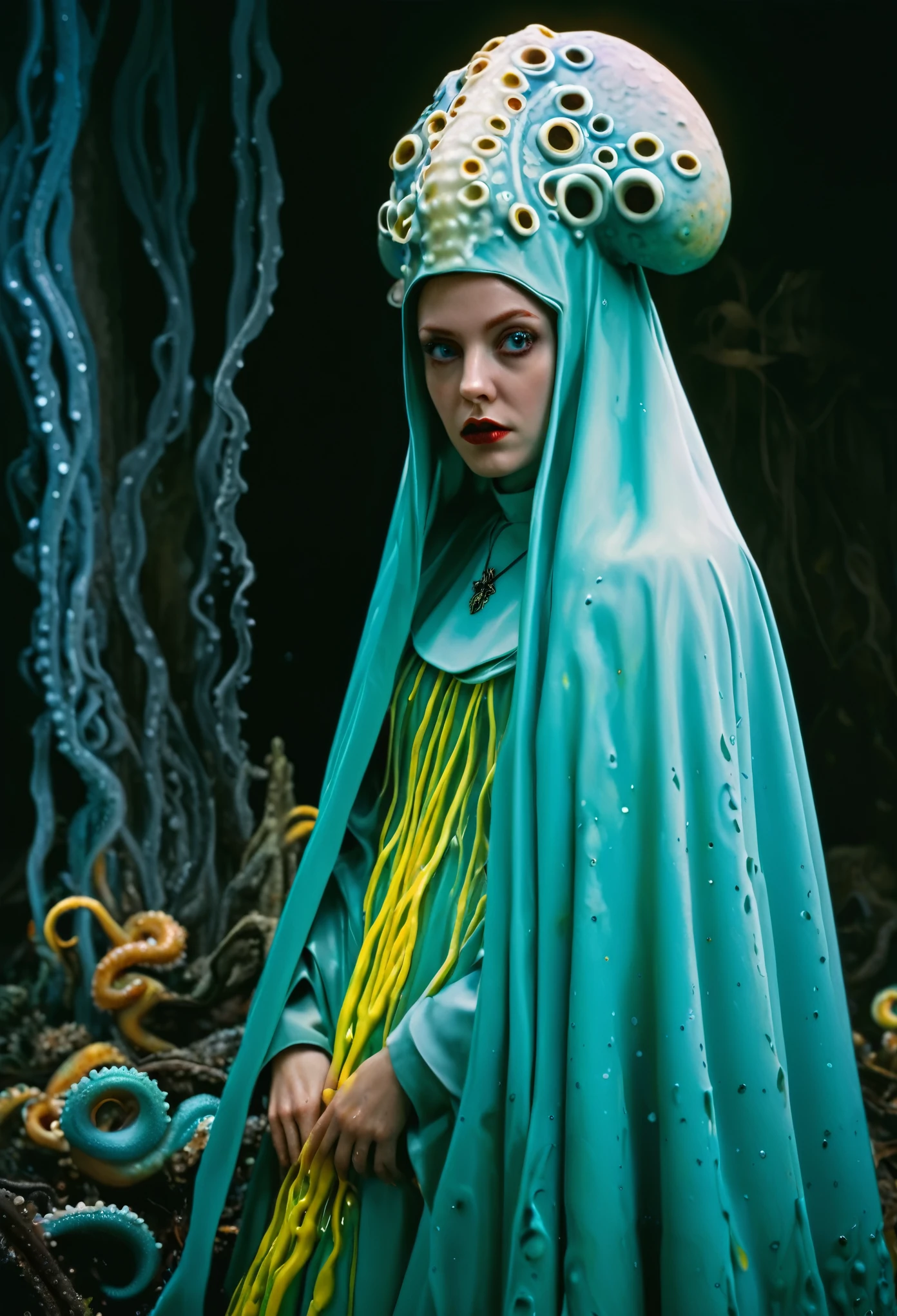 8K, ARTISTIC photogrAphy, best quAlity, mAsterpiece: 1.2), A (potrAit:1.2)  witch BLOOD Toon Doll Cthulhu nun QUEEN, EYES, CYAN many octopus style tentacles, full body RAW candid cinema, yellow hair, 16mm, color graded portra 400 film, remarkable color, ultra realistic, sad admosphere, dark lighting, oppressive atmosphere, depressive colors, kodak portra 400, photograph,r, Natural Light, Pinhead lighgts, blur reflection, Brush Strokes, Smooth, abstract, Splatter, Oil On Canvas, rainbow colors, fractal isometrics details bioluminescens : a stunning realistic photograph of wet bone structure, 3d render, octane render, intricately detailed, titanium decorative headdress, cinematic, trending on artstation | Isometric | Centered