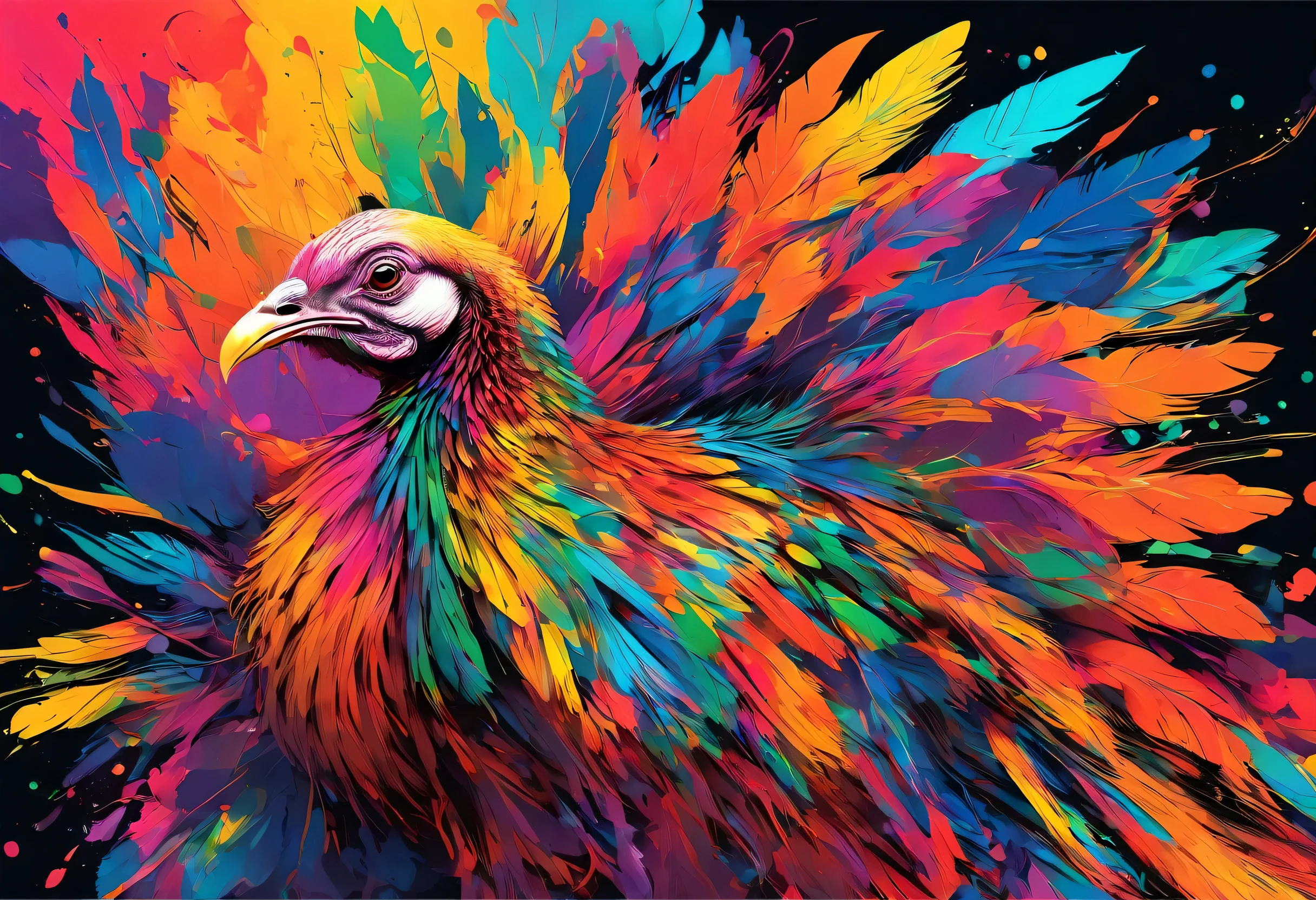 A flapping Turkey with colorful paint on its whole body and leaves, vector art：Zahari Zograf, Trending on Pexels, psychedelic art, Rich in color and detail, A complex and colorful masterpiece, art：Alessandro Pautasso, very complex and colorful, colorful hd images, A colorful and intricate masterpiece, High quality HD digital art, great digital art, very colorful