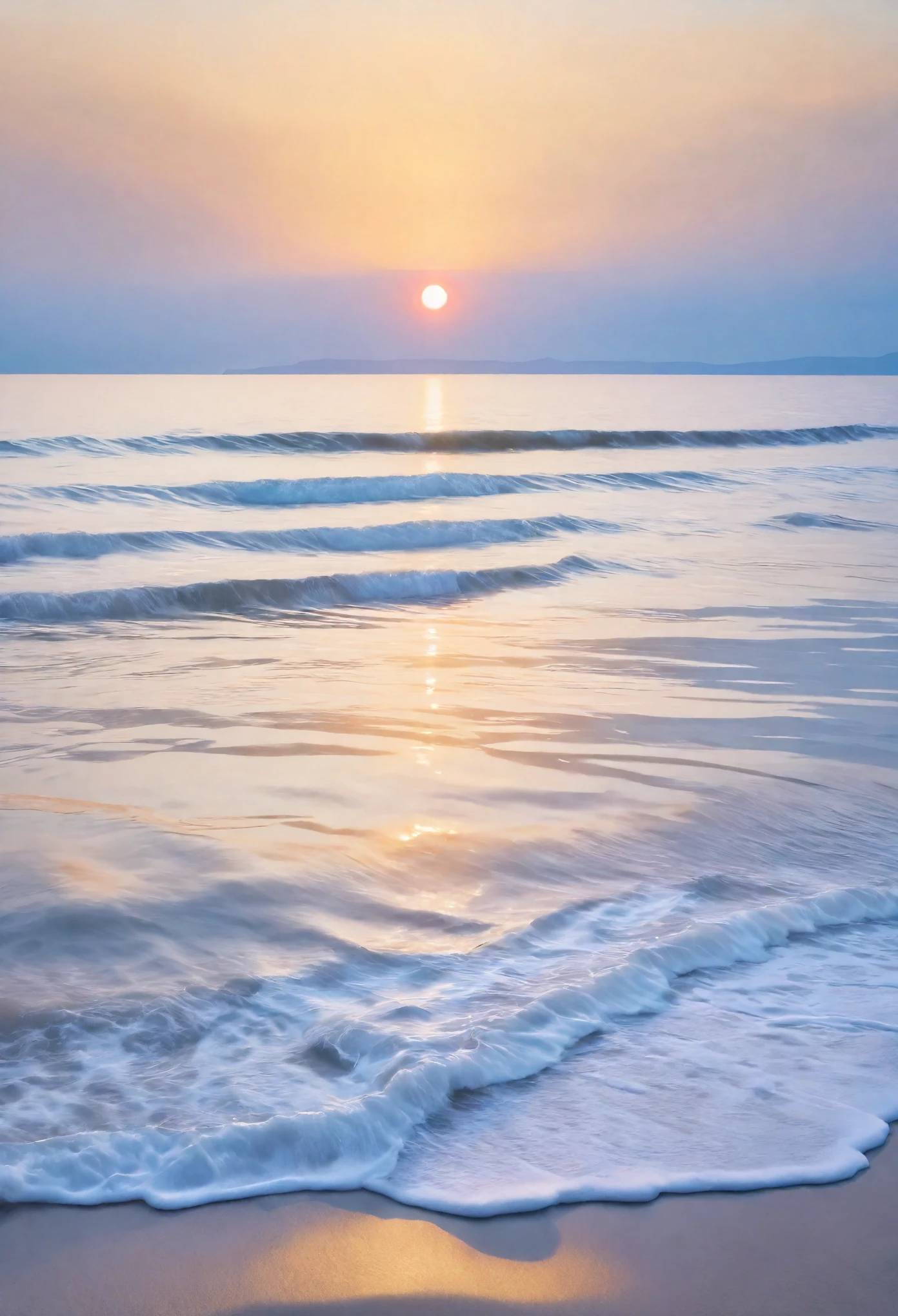 Depict a sunset over a tranquil beach with the delicate and fluid artistic conception of watercolor.
Capture the soft transition of colors as the sun dips below the horizon, casting a warm glow over the calm sea and serene shoreline.
Emphasize the watercolor medium’s ability to blend and merge colors, creating a peaceful and harmonious atmosphere in the scene.