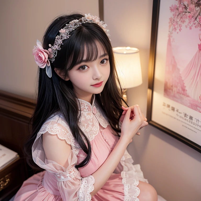 best quality, Delicate face,beautiful visual work,lifelike,1 girl, eternity, Black Hair, Long curly hair, Bangs, Smile, Pink skirt, Pink loli dress, layered skirt, Lolita style long skirt,分層連衣裙 Lace-trimmed 裙子, decorate, Lace, Long sleeve, Puff sleeves, Wide sleeves, Transparent sleeves, Hair accessories, 在flower园里, flower, Detailed background, Delicate face,pink blush,白cold,Lots of Lace,((masterpiece))、(top quality)、8k、High Detail、Ultra Detailed,21 years old female,穿着Pink loli dress((Dreamy atmosphere:1.1))、Seductive and whimsical style、masterpiece、born、Scenes resembling fairy tale illustrations、Intricate details showcase the ruffles and intricate designs of the Lolita dress、fine、magic、capricious、 fine、Dreamy aesthetics、「art itself、ethereal、charming、fickle、magic」、realism、Visual effect、FXAA、SSAO、shader、voiceless、Ambient Lighting、Tone Mapping、high resolution、Ultra HD、Million pixels、(8k resolution:1.10)、8k、Below 8k、8k resolution、High Detail、Intricate details, (high quality:1.2、masterpiece:1.2、:1.21)、(21 years old female:1.21)、(興奮地Smile)、(Surrounded by the Dreamy atmosphere,Model Diagram,Headshot,Normal 2 feet,Hair accessories,Don't show your fingers,lolita cake dress,Thousand layer skirt,Every layer has Lace,cold,Huge breasts,Close-up of face