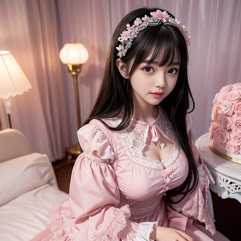 best quality, Delicate face,beautiful visual work,lifelike,1 girl, eternity, Black Hair, Long curly hair, Bangs, Smile, Pink skirt, Pink loli dress, layered skirt, Lolita style long skirt,分層連衣裙 Lace-trimmed 裙子, decorate, Lace, Long sleeve, Puff sleeves, Wide sleeves, Transparent sleeves, Hair accessories, 在flower园里, flower, Detailed background, Delicate face,pink blush,白cold,Lots of Lace,((masterpiece))、(top quality)、8k、High Detail、Ultra Detailed,21 years old female,穿着Pink loli dress((Dreamy atmosphere:1.1))、Seductive and whimsical style、masterpiece、born、Scenes resembling fairy tale illustrations、Intricate details showcase the ruffles and intricate designs of the Lolita dress、fine、magic、capricious、 fine、Dreamy aesthetics、「art itself、ethereal、charming、fickle、magic」、realism、Visual effect、FXAA、SSAO、shader、voiceless、Ambient Lighting、Tone Mapping、high resolution、Ultra HD、Million pixels、(8k resolution:1.10)、8k、Below 8k、8k resolution、High Detail、Intricate details, (high quality:1.2、masterpiece:1.2、:1.21)、(21 years old female:1.21)、(興奮地Smile)、(Surrounded by the Dreamy atmosphere,Model Diagram,Headshot,Normal 2 feet,Hair accessories,Don't show your fingers,lolita cake dress,Thousand layer skirt,Every layer has Lace,cold,Huge breasts,Close-up of face