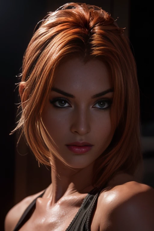 Megan Fox, (best quality,4k,8k,highres,masterpiece:1.2), ultra-detailed, (realistic,photorealistic,photo-realistic:1.37), beautiful detailed eyes, beautiful detailed lips, extremely detailed face, long eyelashes, flawless skin, exquisite facial features, radiant complexion, captivating gaze, alluring smile, sensual lips, dark fantasy, a beautiful woman, finely crafted facial Rayne from game the BloodRayne features, intricate brush strokes, beautiful lighting, Cinematic, Color correction, stylized anatomy, short red hair, full body, evil smile and a look from under the brows, sensual atmosphere, artistic lighting , (cool colors), damp, reflections, (masterpiece) (perfect aspect ratio), (realistic photo), (best quality), (detailed) photographed on a Canon EOS R5, 50mm lens, F/2.8, HDR, (8k) (wallpaper) (cinematic lighting) (dramatic lighting) (sharp focus) (intricate), RAW photo, RAW photo, gigachad photo, posing for camera, dynamic posing, black jeans, 8k uhd, dslr, high quality, film grain, Fujifilm XT3, extremely detailed, photorealistic, realistic, incredibly absurd, highly detailed, sharp focus, (Professional Studio Lighting), (Professional Color Grading), Edge Lighting, Dramatic lighting, Cinematic lighting, Lumen reflections, Soft natural lighting, Soft color, Photon mapping, Radiosity, (Beautiful eyes), (Detailed eyes), (Detailed face), symmetrical eyes, sharp eyes, full body), (HIGH LEVEL OF DETAIL), (skinny athletic body), (sweaty),high detailed skin, uncharacterized texture, hyper detailed, realistic skin texture, armor, best quality, dynamic pose, ultra high res, (photorealistic: 1.4) high resolution, detailed, raw photo, sharp re, by lee jeffries nikon d850 film stock photography 4 kodak portra 400 camera F1.6 Lens rich colors hyper realistic texture dramatic lighting UnrealEngine trend in Artstation Cinestill 800, veins in the body, (body and fitness).