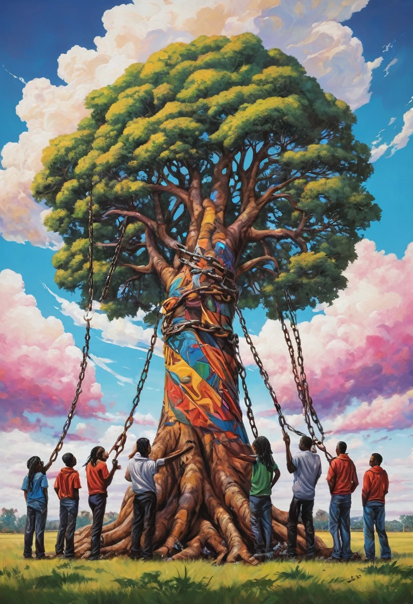 Make it as a graffiti. The artwork depicts a diverse group of people standing together in solidarity around a large, strong tree. In the background, symbols of calamity like storm clouds and broken chains highlight the challenges faced by the community. Despite this, the figures remain united and supportive, symbolizing the power of generosity and solidarity in overcoming adversity. The use of vibrant colors and dynamic lines captures a sense of hope and optimism, inspiring viewers to recognize the strength of unity during difficult times.