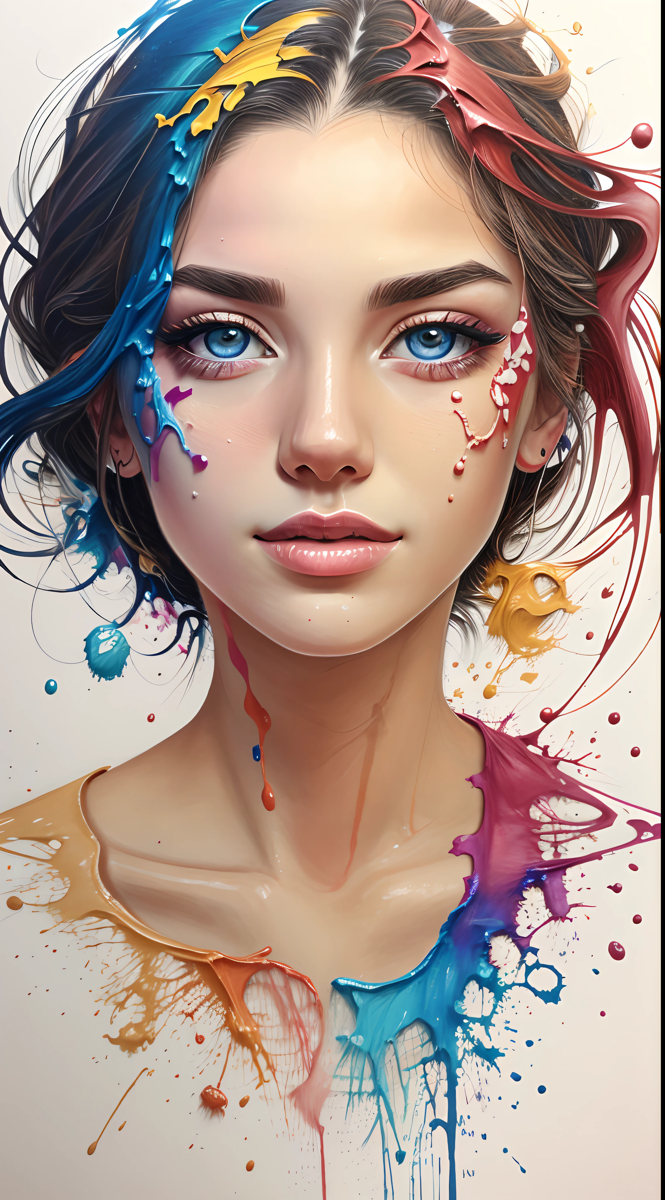 A colored pencil drawing of a beautiful woman's face with paint sprayed on it and drops of paint falling --ar 4:5-500