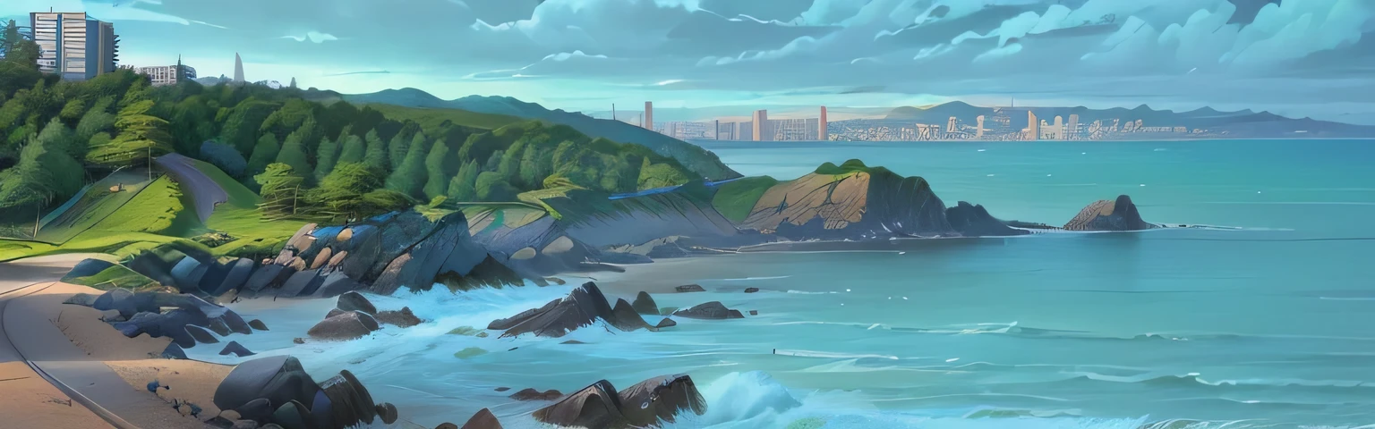 There is a painting depicting a beach and city scenery, Detailed scenery —width 672, author：Kamoi Rei, Landscape Artwork, Inspired by Yoshida Toshi, Island Landscape, author：Kose Kanaoka, Detailed digital illustration, Landscape illustration, author：Matsumoto Daiyo, author：Kobayashi Kiyochika, Coastline