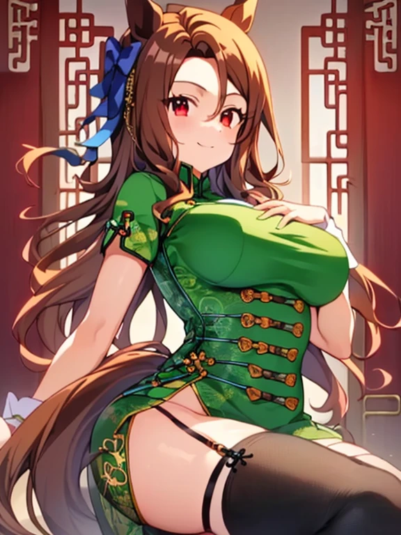 King Halo\(umamusume\), highest quality、masterpiece、Ultra-high resolution、Anime 2D Rendering, Realistic young anime woman, (Character Focus、breast focus)、  Beautiful body, Beautiful feet, White beautiful skin、 ((Green Chinese Dress:1.4)、(garter belt、Black knee-high stockings)、(Black high heels))、 smile、Cowboy Shot