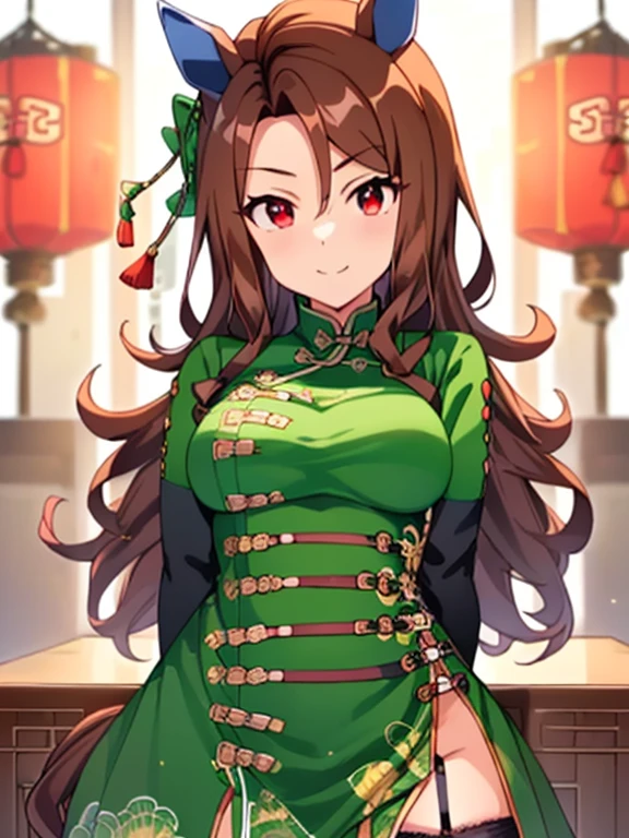 King Halo\(umamusume\), highest quality、masterpiece、Ultra-high resolution、Anime 2D Rendering, Realistic young anime woman, (Character Focus、breast focus)、 Beautiful body, Beautiful feet, White beautiful skin、 ((Green Chinese Dress:1.4)、(garter belt、Black knee-high stockings)、(Black high heels))、 smile、Cowboy Shot