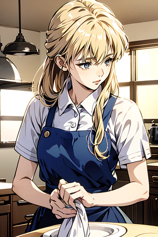 ((Monochrome))、((Line art))、highest quality、((NSFW))、((Line art))、Standing in the kitchen、Wear a shirt that covers your collar、She is washing the dishes while wearing a navy blue apron、Sad expression、Looking away、Her medium length golden blonde hair is tied up and secured at the back of her head.、Adult red lips、The nape is exposed、Bright indoors、anatomically correct appearance、biologically correct appearance、