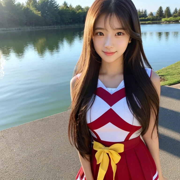 Long-haired Arafed woman standing in front of a body of water, Young and adorable Korean face, Young and pretty Asian face, Gorgeous Young Korean Woman, Beautiful young Korean woman, Jaeyoung Nam, 8K Selfie, Beautiful Korean Women, Long haired asian girl, Korean Girls, Choi Hong-hwa, Cute Korean Actresses,Dress this girl up as a cheerleader