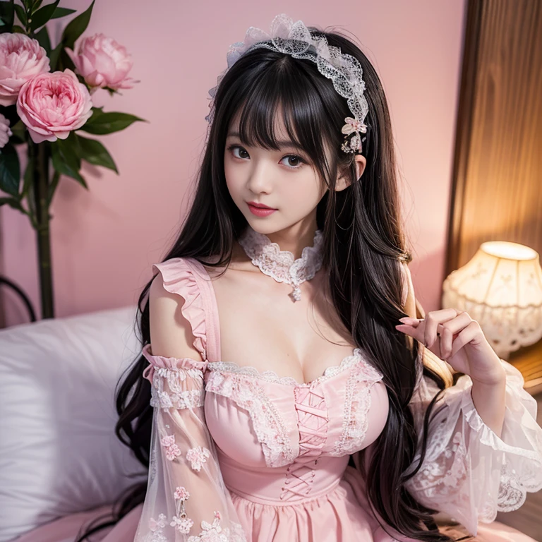 best quality, Delicate face，beautiful visual work,lifelike，1 girl, eternity, Black Hair, Long curly hair, Bangs, Smile, Pink skirt, Pink loli dress, layered skirt, Lolita style long skirt,分層連衣裙 Lace-trimmed 裙子, decorate, Lace, Long sleeve, Puff sleeves, Wide sleeves, Transparent sleeves, Hair accessories, 在flower园里, flower, Detailed background,  Delicate face，pink blush，白cold，Lots of Lace，((masterpiece))、(top quality)、8k、High Detail、Ultra Detailed，21 years old female，穿着Pink loli dress((Dreamy atmosphere:1.1))、Seductive and whimsical style、masterpiece、born、Scenes resembling fairy tale illustrations、Intricate details showcase the ruffles and intricate designs of the Lolita dress、fine、magic、capricious、 fine、Dreamy aesthetics、「art itself、ethereal、charming、fickle、magic」、realism、Visual effect、FXAA、SSAO、shader、voiceless、Ambient Lighting、Tone Mapping、high resolution、Ultra HD、Million pixels、(8k resolution:1.10)、8k、Below 8k、8k resolution、High Detail、Intricate details， (high quality:1.2、masterpiece:1.2、:1.21)、(21 years old female:1.21)、(興奮地Smile)、(Surrounded by the Dreamy atmosphere，Model Diagram，Headshot，Normal 2 feet，Hair accessories，Don't show your fingers，lolita cake dress，Thousand layer skirt，Every layer has Lace，cold，Huge breasts，Close-up of face