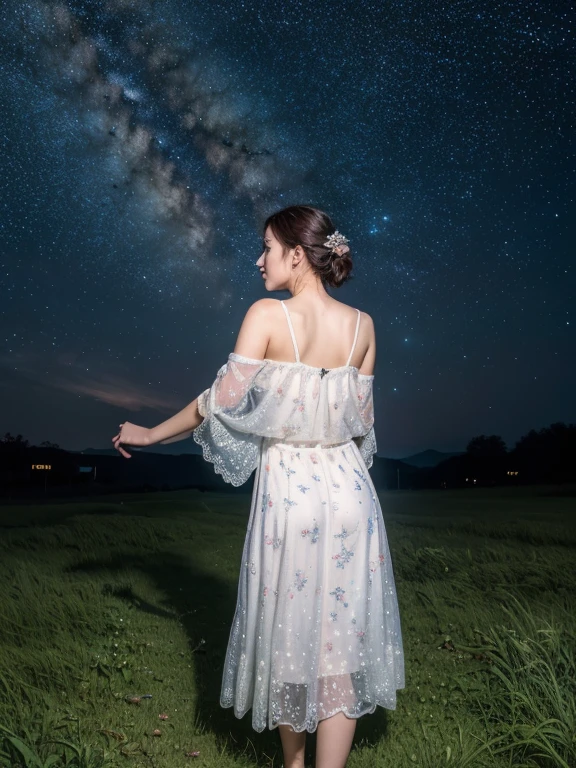 ((masterpiece, highest quality, Best image quality, High resolution, Realistic, RAW Photos, 8k)), ((Highly detailed CG synthesis 8k wallpaper)), Dancing in the starry sky,A fluttering summer dress seen from behind,