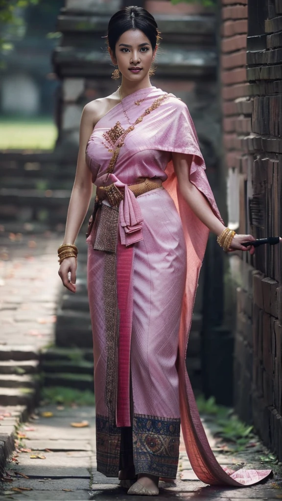 (raw photos:1.2), (realistic:1.4), (Masterpiece:1.3), (best quality:1.4), Ultra high resolution, (Detailed eyes), (Detailed facial features), (Detailed clothing features), HDR, 8K resolution, Focus only, Dressing according to Thai tradition, tied up, Traditional shawl , 1 woman , big breasts, A gigantic rift, big breastsดันเสื้อผ้า, big breast, Breasts are fully grown., Make your breasts bigger.., small waist, Long legs, Facing the audience, Full body, depth of field, Cinema-grade lighting system, big breasts,  too big for your body, Holding an ancient Thai sword, battlefield
