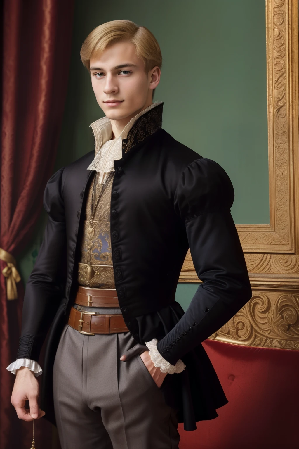 Paris, 1559. A young ((((21-year-old)) Pierre Aumande)), handsome, ambitious, evil, cruel, distinguished appearance, strong pressence, standing firm in a luxurious palace room, hands behind his back, ((smug expression)), ((((clothings from the 1550s)))), ((blonde hairstyle of the 1550s)), colorful, realistic