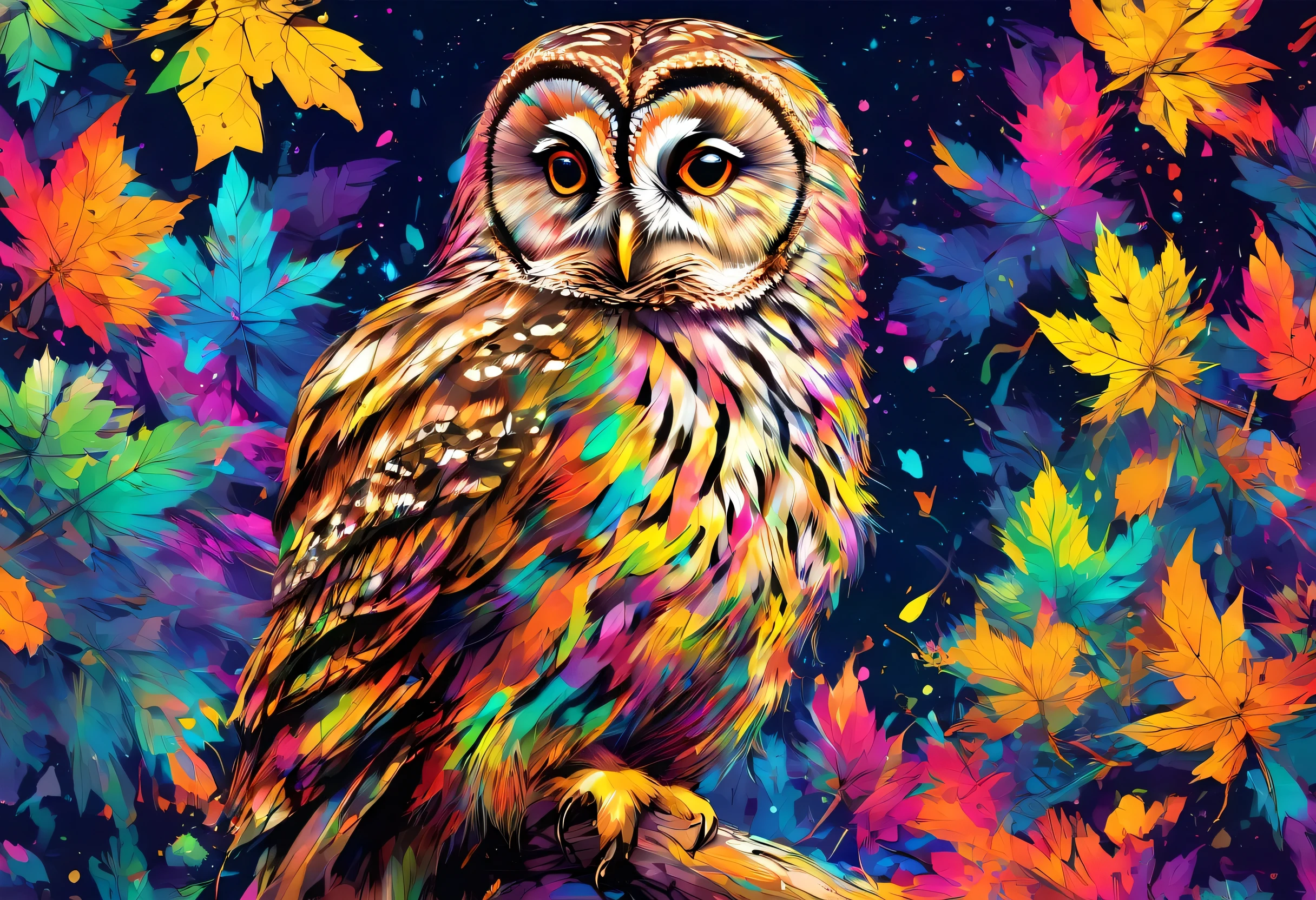 A Barred Owl with colorful paint on its whole body and leaves, vector art:Zahari Zograf, Trending on Pexels, psychedelic art, Rich in color and detail, A complex and colorful masterpiece, art:Alessandro Pautasso, very complex and colorful, colorful hd images, A colorful and intricate masterpiece, High quality HD digital art, great digital art, very colorful