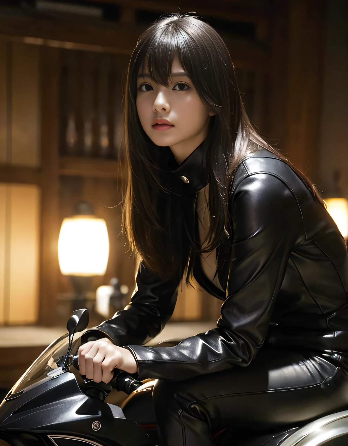 (1 girl)、highest quality、masterpiece、超A high resolution、(Photorealistic:1.4)、RAW Photos、1 girl、(Black leather riding suit)、Long sleeve,、Leather Racing Gloves、Portraiture、Global Illumination、Shadow、Octane Rendering、8k、Ultra Sharp、Metal、Intricate decorative detailore about Japan、Very intricate detail、close、Realistic Light、(Mysterious look)、Trends of the CG Association、Shining Eyes、To the camera、Small LED、2 Stock