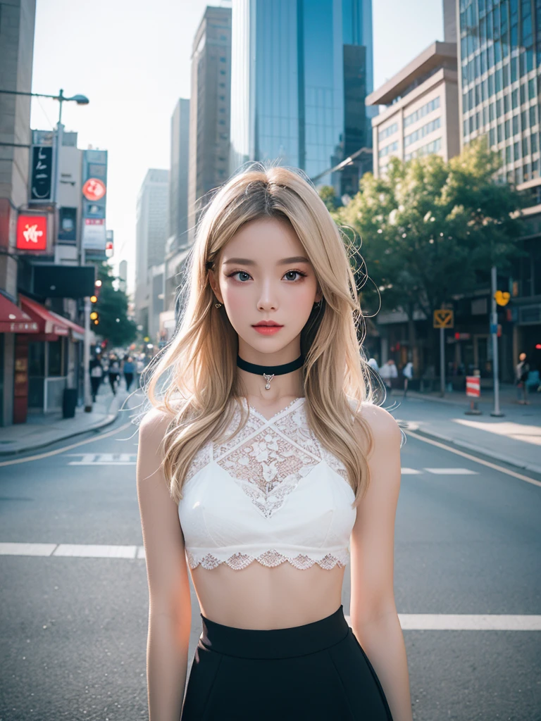 best qualtiy, masterpiece, (realistic:1.6), raw photograph, 1girl, portrait, white lace trim crop top and skirt, choker, view from front, deep shading, low tune, soft light, looking to the camera, sexy look, long blonde hair, outdoor, city street background, water park, rim light,