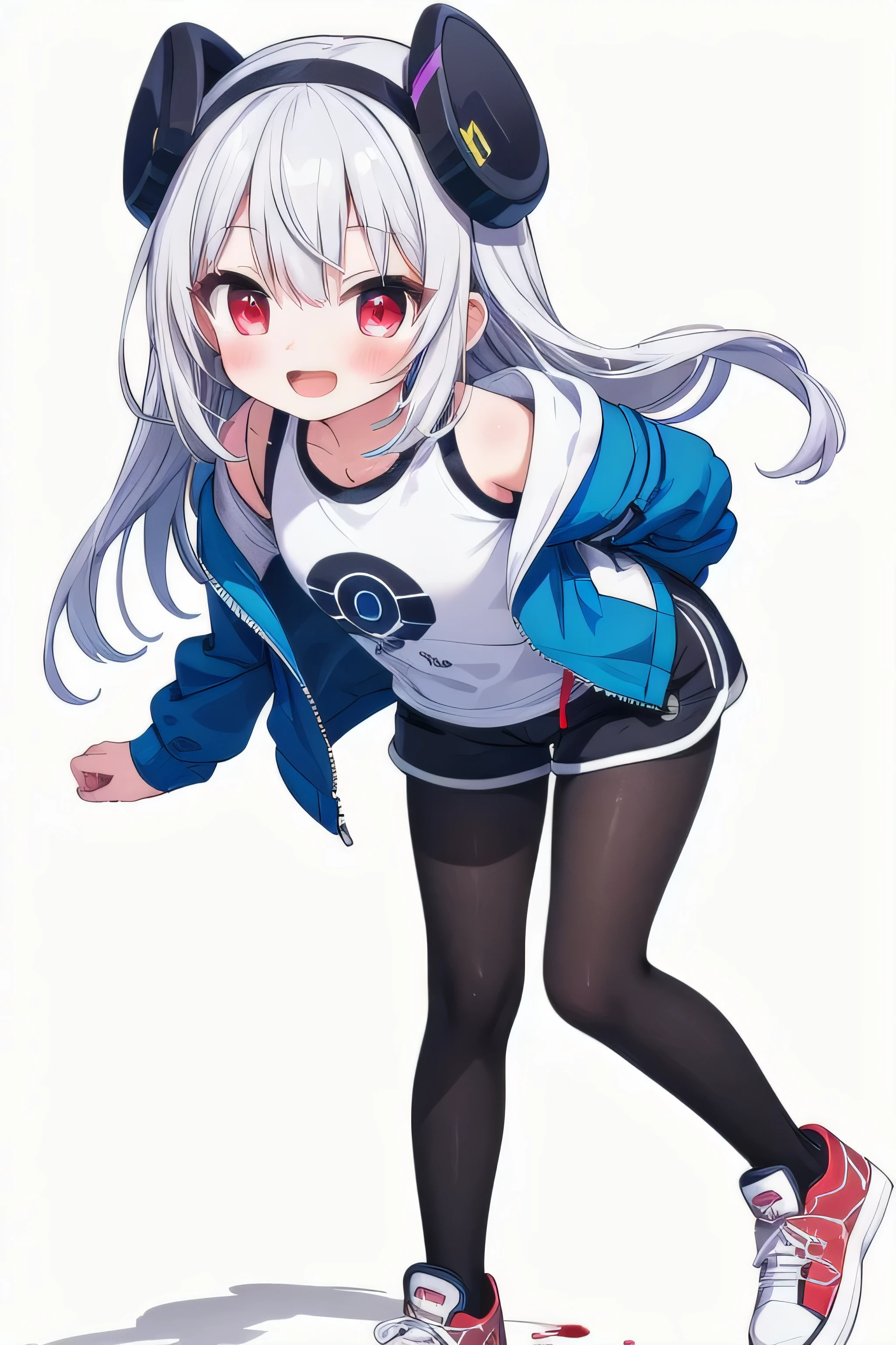 masterpiece, top quality, super detailed, CG illustration, high resolution, better lighting, best shadows, very delicate and beautiful, proper shading, hd, 8k,1girl, solo, blush, smile, open mouth, simple background,long hair, white hair, white background, jacket, full body, pantyhose, shoes, shorts, Bloodred eyes, sneakers, striped pantyhose, vertical-striped pantyhose