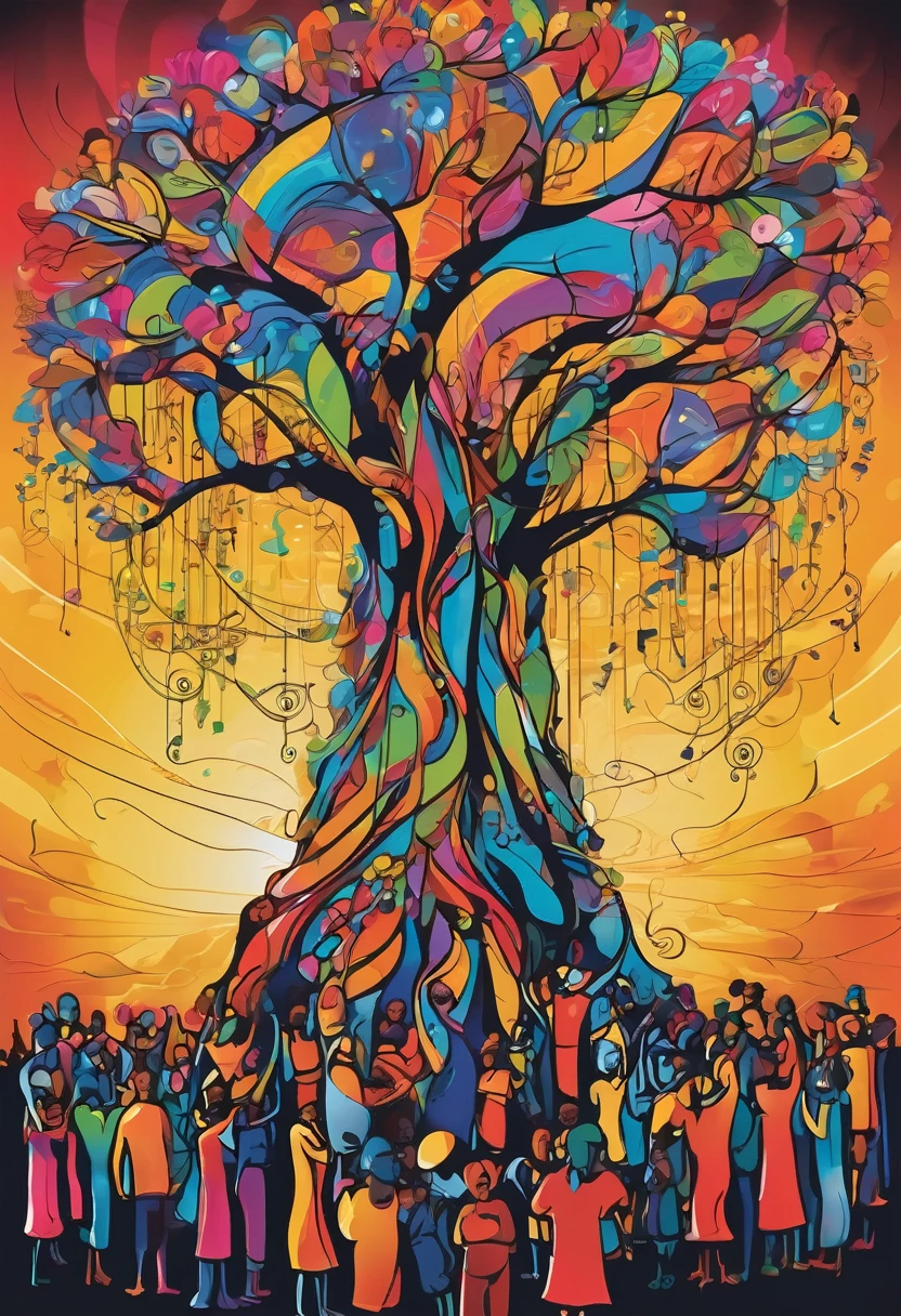 Make it as a graffiti. The artwork depicts a diverse group of people standing together in solidarity around a large, strong tree. In the background, symbols of calamity like storm clouds and broken chains highlight the challenges faced by the community. Despite this, the figures remain united and supportive, symbolizing the power of generosity and solidarity in overcoming adversity. The use of vibrant colors and dynamic lines captures a sense of hope and optimism, inspiring viewers to recognize the strength of unity during difficult times.