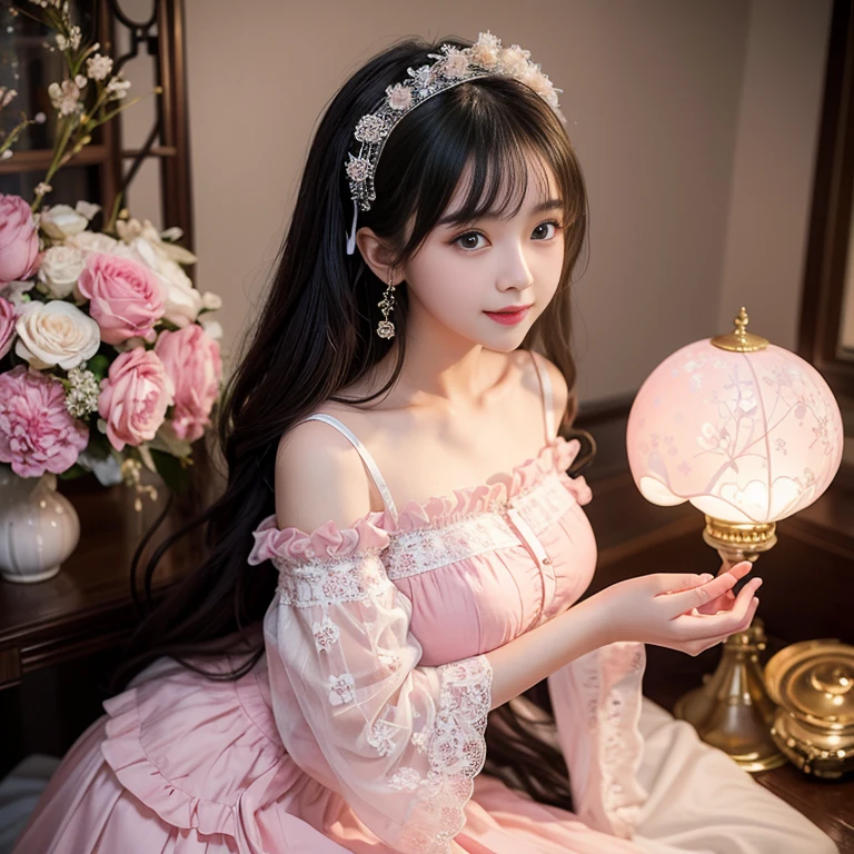 best quality, Delicate face，beautiful visual work,lifelike，1 girl, eternity, Black Hair, Long curly hair, Bangs, Smile,  Pink loli dress, layered skirt, Lolita style long skirt,分層連衣裙 Lace-trimmed 裙子, decorate, Lace, Long sleeve, Puff sleeves, Wide sleeves, Transparent sleeves, Hair accessories, 在flower园里, flower, Detailed background,  Delicate face，pink blush，白cold，Lots of Lace，((masterpiece))、(top quality)、8k、High Detail、Ultra Detailed，21 years old female，穿着Pink loli dress((Dreamy atmosphere:1.1))、Seductive and whimsical style、masterpiece、born、Scenes resembling fairy tale illustrations、Intricate details showcase the ruffles and intricate designs of the Lolita dress、fine、magic、capricious、 fine、Dreamy aesthetics、「art itself、ethereal、charming、fickle、magic」、realism、Visual effect、FXAA、SSAO、shader、voiceless、Ambient Lighting、Tone Mapping、high resolution、Ultra HD、Million pixels、(8k resolution:1.10)、8k、Below 8k、8k resolution、High Detail、Intricate details， (high quality:1.2、masterpiece:1.2、:1.21)、(21 years old female:1.21)、(興奮地Smile)、(Surrounded by the Dreamy atmosphere，Model Diagram，Headshot，Hair accessories，Don't show your fingers，lolita cake dress，Thousand layer skirt，Every layer has Lace，cold，Huge breasts，Close-up of face，Upper Body