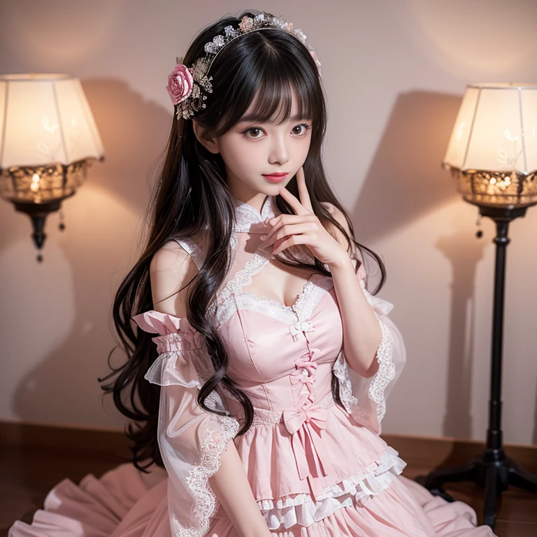 best quality, Delicate face,beautiful visual work,lifelike,1 girl, eternity, Black Hair, Long curly hair, Bangs, Smile, Pink dress, layered skirt, Lolityle long skirt,分層連衣裙 Lace-trimmed 裙子, decorate, Lace, Long sleeve, Puff sleeves, Wide sleeves, Transparent sleeves, Hair accessories, 在flower园里, flower, Detailed background, Delicate face,pink blush,白cold,Lots of Lace,((masterpiece))、(top quality)、8k、High Detail、Ultra Detailed,21 years old female,穿着Pink loli dreDreamy atmosphere:1.1))、Seductive and whimsical style、masterpiece、born、Scenes resembling fairy tale illustrations、Intricate details showcase the ruffles and intricate designs of the Lolita dresse、magic、capricious、 fine、Dreamy aesthetics、「art itself、ethereal、charming、fickle、magic」、realism、Visual effect、FXAA、SSAO、shader、voiceless、Ambient Lighting、Tone Mapping、high resolution、Ultra HD、Million pixels、(8k resolution:1.10)、8k、Below 8k、8k resolution、High Detail、Intricate details, (high quality:1.2、masterpiece:1.2、:1.21)、(21 years old female:1.21)、(興奮地Smile)、(Surrounded by the Dreamy atmosphere,Model Diagram,Headshot,Hair accessories,Don't show your fingers,lolita cake dresousand layer skirt,Every layer has Lace,cold,Huge breasts,Close-up of face,Upper Body