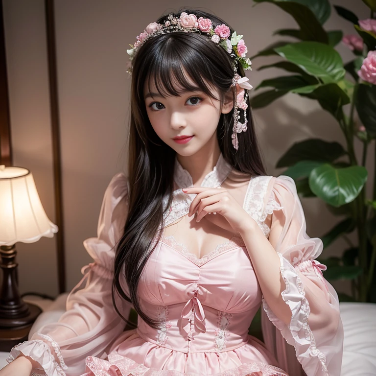 best quality, Delicate face,beautiful visual work,lifelike,1 girl, eternity, Black Hair, Long curly hair, Bangs, Smile, Pink loli dress, layered skirt, Lolita style long skirt,分層連衣裙 Lace-trimmed 裙子, decorate, Lace, Long sleeve, Puff sleeves, Wide sleeves, Transparent sleeves, Hair accessories, 在flower园里, flower, Detailed background, Delicate face,pink blush,白cold,Lots of Lace,((masterpiece))、(top quality)、8k、High Detail、Ultra Detailed,21 years old female,穿着Pink loli dress((Dreamy atmosphere:1.1))、Seductive and whimsical style、masterpiece、born、Scenes resembling fairy tale illustrations、Intricate details showcase the ruffles and intricate designs of the Lolita dress、fine、magic、capricious、 fine、Dreamy aesthetics、「art itself、ethereal、charming、fickle、magic」、realism、Visual effect、FXAA、SSAO、shader、voiceless、Ambient Lighting、Tone Mapping、high resolution、Ultra HD、Million pixels、(8k resolution:1.10)、8k、Below 8k、8k resolution、High Detail、Intricate details, (high quality:1.2、masterpiece:1.2、:1.21)、(21 years old female:1.21)、(興奮地Smile)、(Surrounded by the Dreamy atmosphere,Model Diagram,Headshot,Hair accessories,Don't show your fingers,lolita cake dress,Thousand layer skirt,Every layer has Lace,cold,Huge breasts,Close-up of face,Upper Body