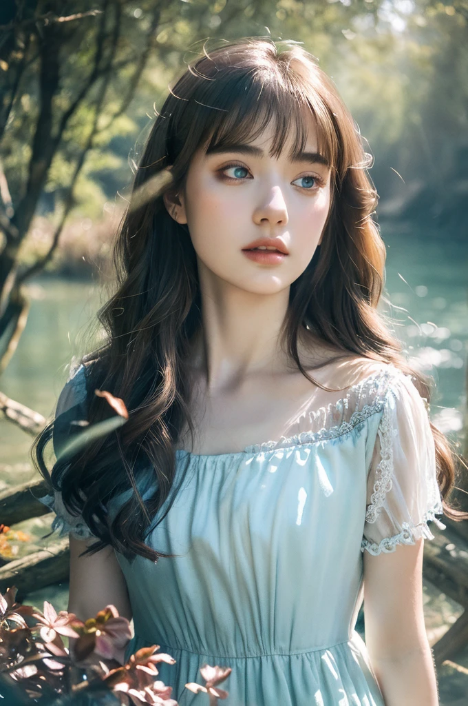 20-year-old woman in Ukrainian costume、Blue eyes with a flower crown on his head、River and blue sky in the background、Afternoon light and sunset realistic illustration