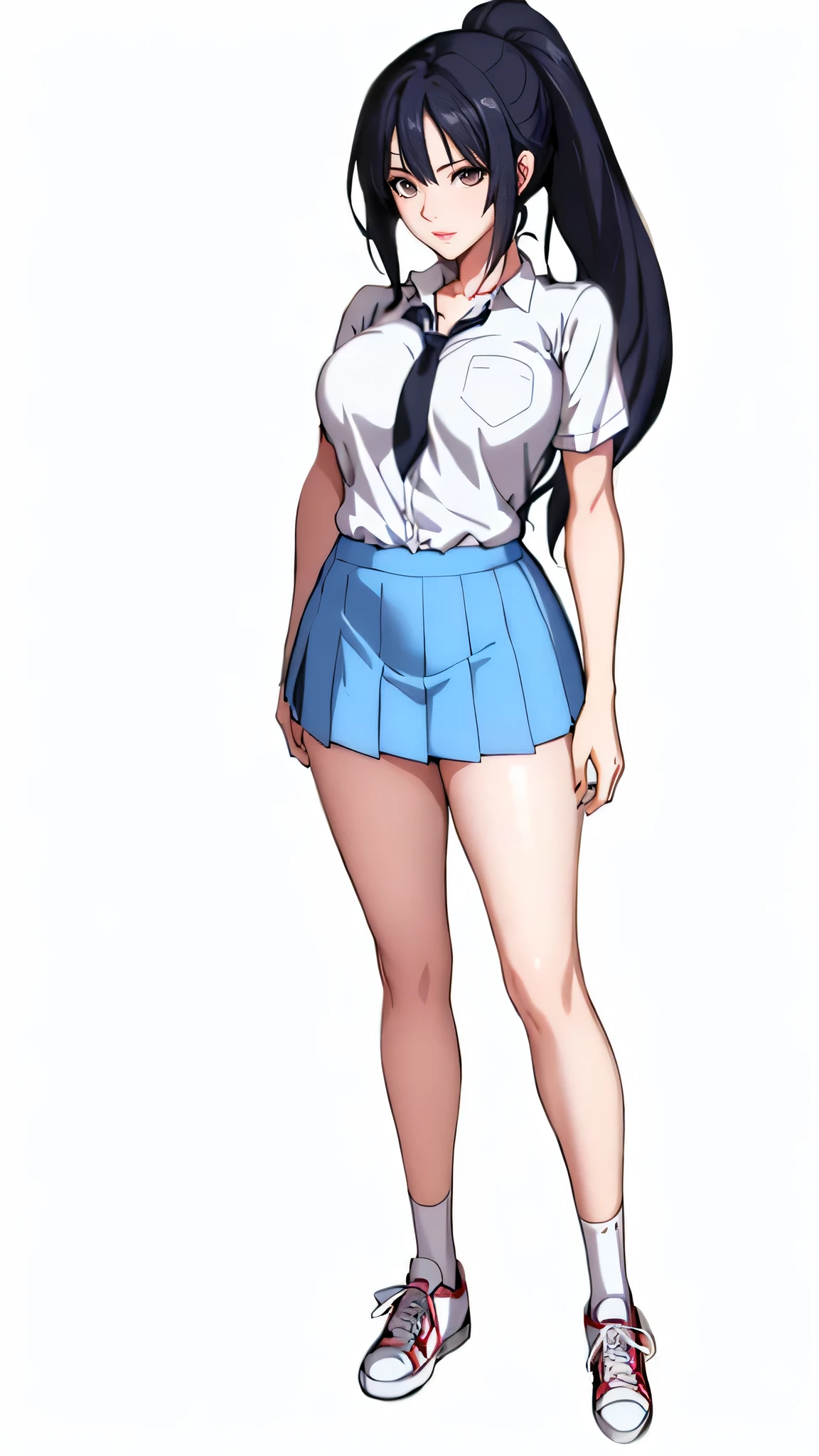 (best quality:1.5, highres, UHD, 4K, detailed lighting, ((ultra high quality)), ((ultra detail)), 1 girl solo, anime girl with ponytail and tie in a, black hair, anime moe artstyle, as an anime character, wearing , wearing a , nagatoro, an anime girl, cel shaded anime, wearing japanese , Ezra scarlet, beautiful anime high school girl, ((uniform high school)), wearing short sleeve white shirt white tie, female anime character, anime character, in an anime style, ((full body)), converse, converse high, (medium breasts), highly detailed face, cool, tomboy