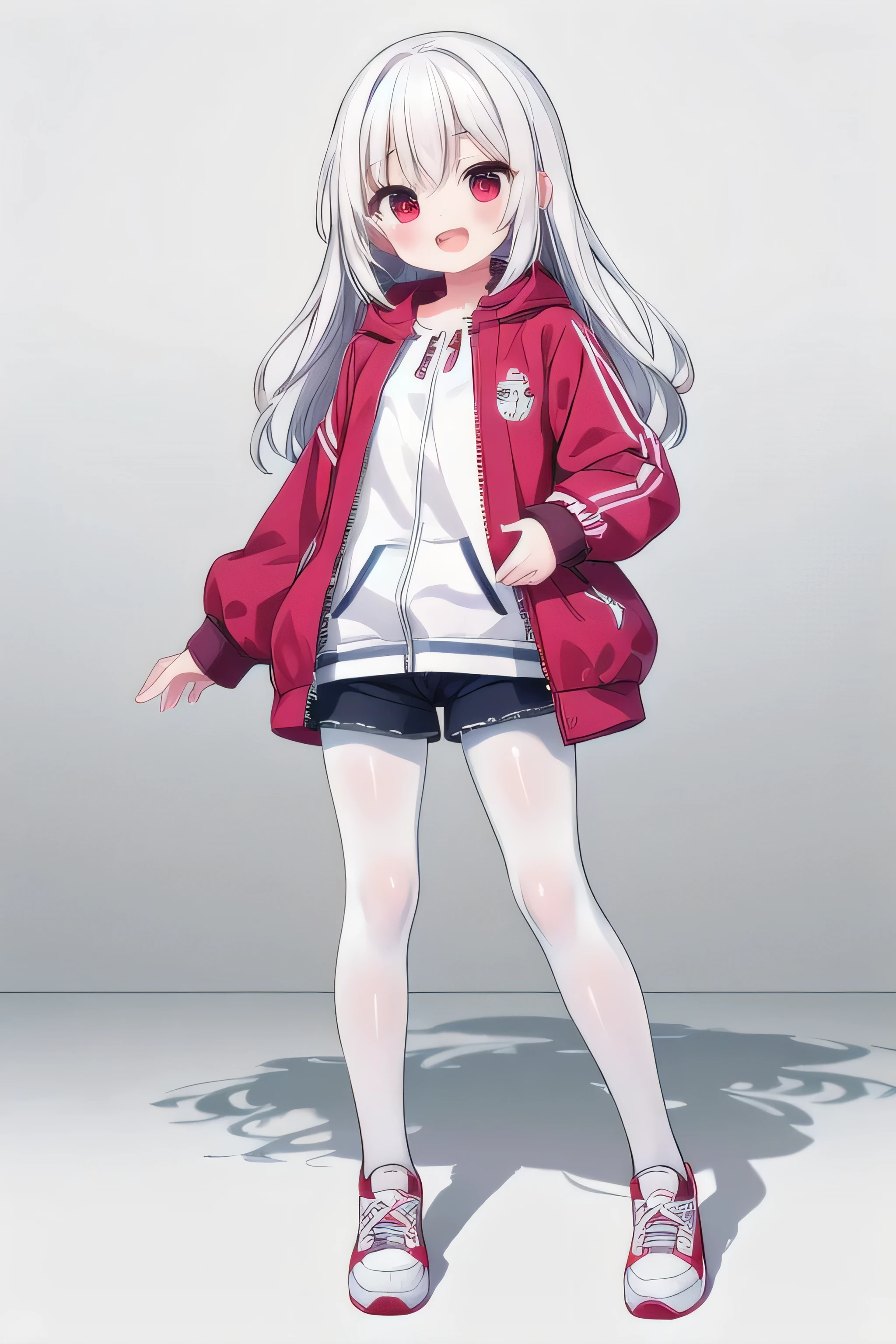 masterpiece, top quality, super detailed, CG illustration, high resolution, better lighting, best shadows, very delicate and beautiful, proper shading, hd, 8k,1girl, solo, blush, smile, open mouth, simple background,long hair, white hair, white background, jacket, full body, pantyhose, shoes, shorts, Bloodred eyes, sneakers, striped pantyhose, vertical-striped pantyhose