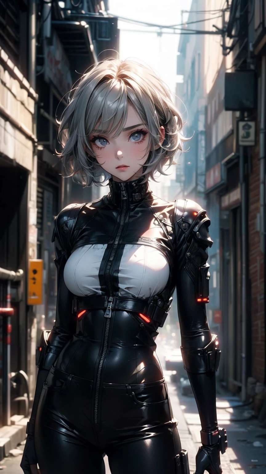 ((Highly detailed CG unit 8K wallpaper, masterpiece, High resolution, highest quality)), Structure from head to thighs:1.3, Upper body focus, 20-year-old woman, Ash gray short hair, Avant-garde makeup, Hands in pockets pose:1.5, cyber punkファッション, Blurred Background, cyber punk, An empty alley, Cinema Lighting, Anime Style, Simple lines, Digital Painting,