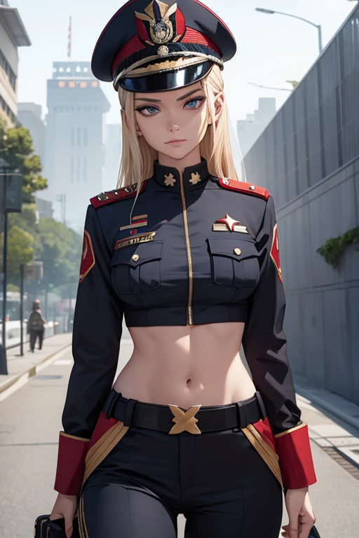 Woman, dictator, villain, crop top uniform military showing navel, guard around , evil face