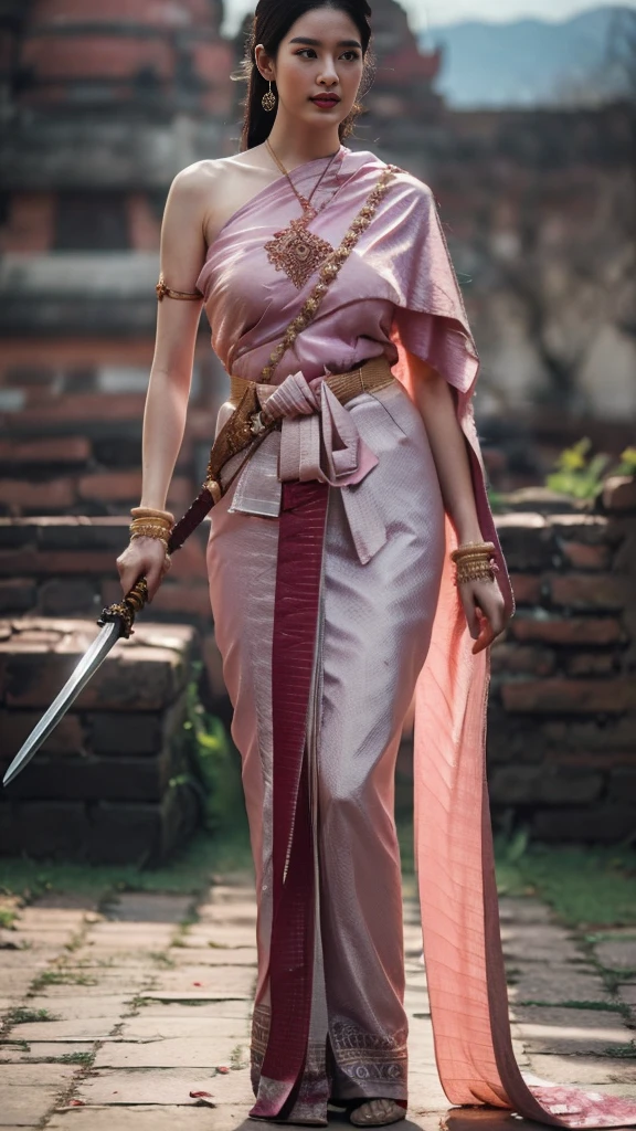 (raw photos:1.2), (realistic:1.4), (Masterpiece:1.3), (best quality:1.4), Ultra high resolution, (Detailed eyes), (Detailed facial features), (Detailed clothing features), HDR, 8K resolution, Focus only, Dressing according to Thai tradition, tied up, Traditional shawl , 1 woman , big breasts, A gigantic rift, big breastsดันเสื้อผ้า, big breast, Breasts are fully grown., Make your breasts bigger.., small waist, Long legs, Facing the audience, Full body, depth of field, Cinema-grade lighting system, big breasts,  too big for your body, Holding an ancient Thai sword, battlefield