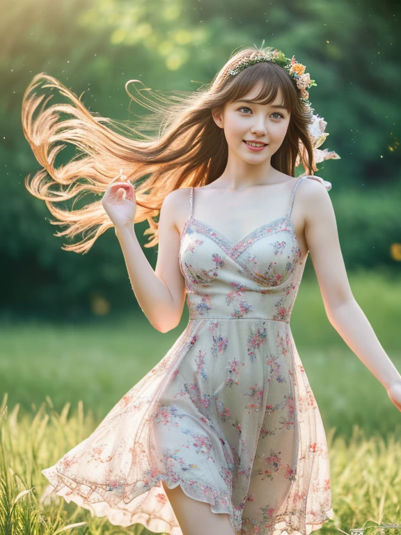 ((masterpiece, highest quality, Best image quality, High resolution, Realistic, RAW Photos, 8k)), ((Highly detailed CG synthesis 8k wallpaper)), Dancing in the starry sky,Fluttering summer dress,