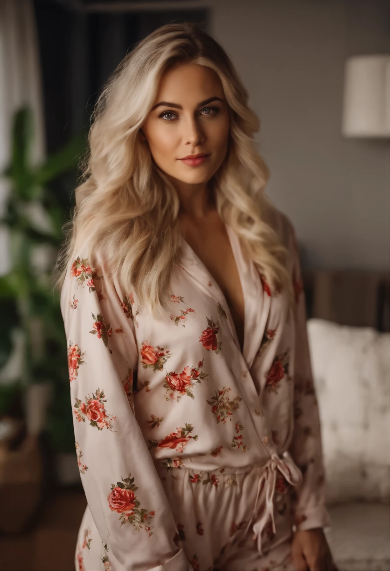 Photo realistic of 25 years old blond beautiful girl looking camera, wearing pajamas, full body shoot, standing in modern living room. 