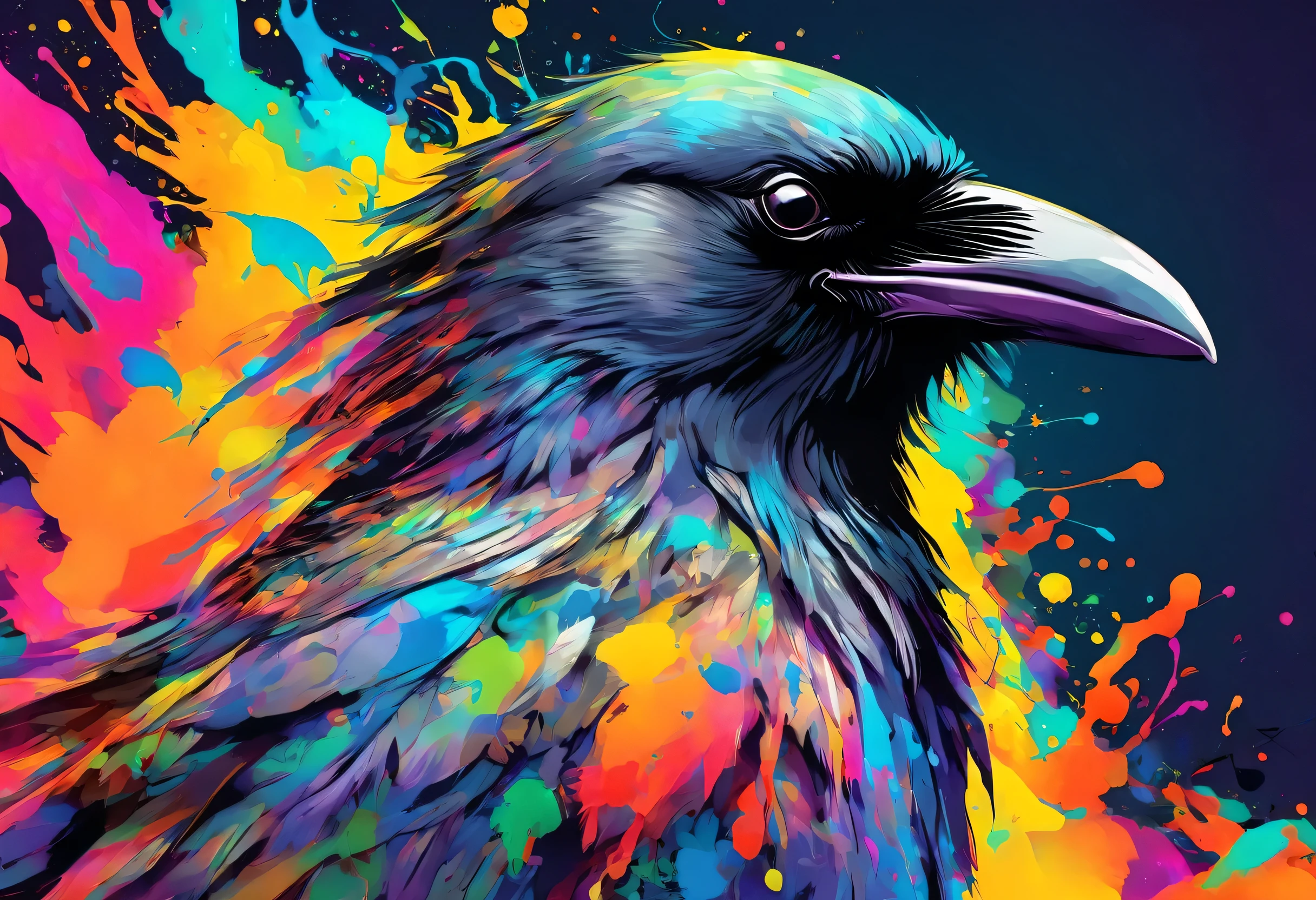 A Crow with colorful paint on its whole body and leaves, vector art：Zahari Zograf, Trending on Pexels, psychedelic art, Rich in color and detail, A complex and colorful masterpiece, art：Alessandro Pautasso, very complex and colorful, colorful hd images, A colorful and intricate masterpiece, High quality HD digital art, great digital art, very colorful