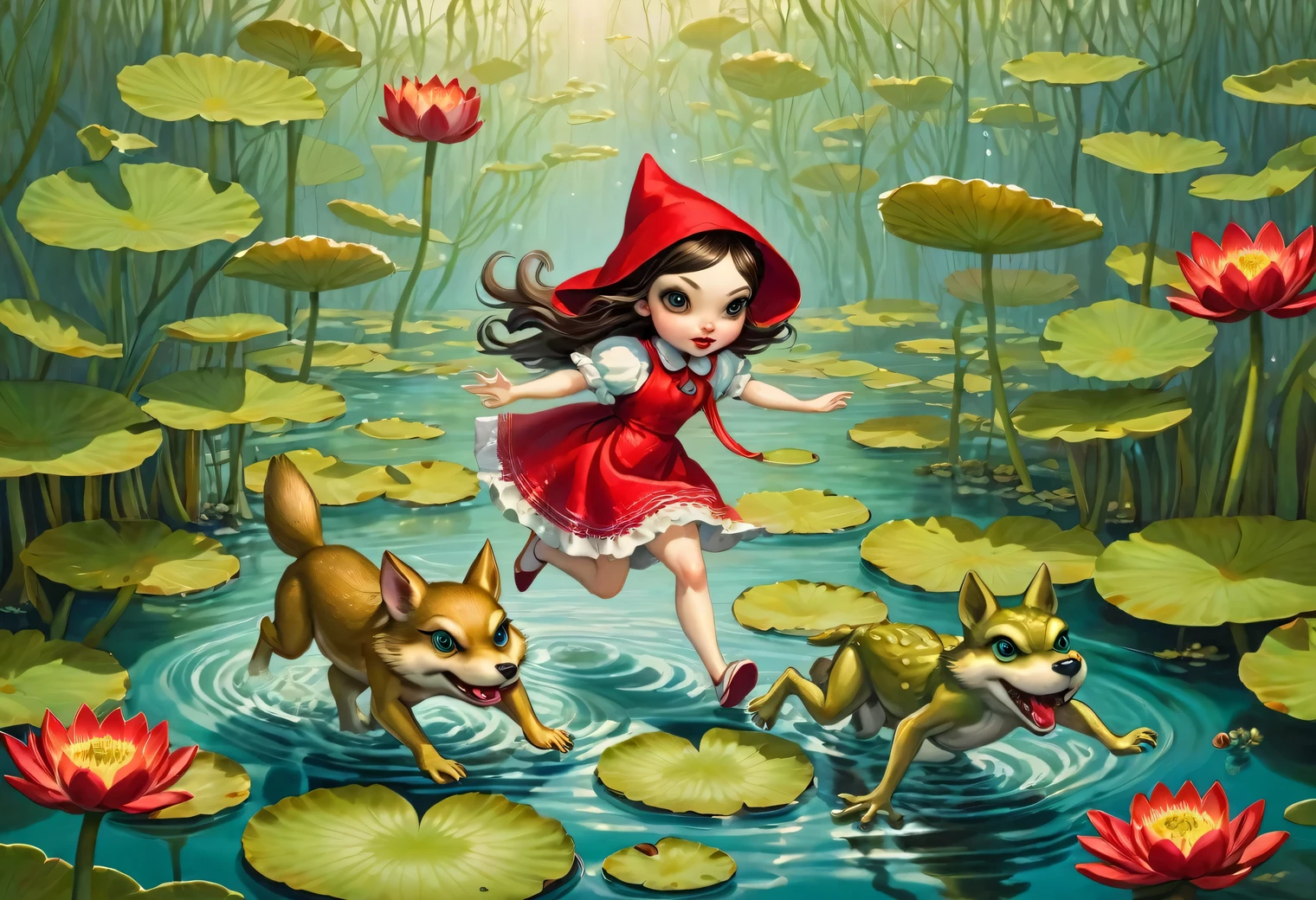 A painting in the style of Mark Ryden, the picture depicts a comical chase, a girl chases a big wolf and a wolf merrily runs away from a girl, a wolf has a basket of buns in his mouth, a girl looks like Little Red Riding Hood, an active scene, a fabulous swamp around, small frogs stand on their hind legs on the leaves of water lilies and wave their hands, very fun, high detail, very detailed, complex, clear, fabulous palette of colors, in the style of a comic illustration of a children's magazine