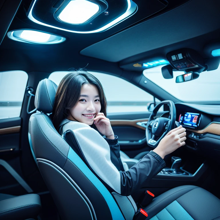 Young woman in spaceship interior fits body、Wearing clothes that clearly show the body line、She smiles shyly and covers part of her face with her hands。She is surrounded by high-tech equipment and futuristic interior design.、Outside the window you can see the vast expanse of space。This scene in a photorealistic style、Render with detailed textures and vivid colors。
