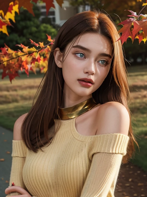 Photo of a 20-year-old solo girl, with long, loose golden hair, a colossal presence, looking directly at the spectator with brown, captivating eyes, adorned with jewelry. Her entire body is in the frame, wearing a sweater and showcasing a sexy, realistic allure, with her shoulders bared and a collar peeking out from beyond her shoulders. (best quality, highres, ultra-detailed: 1.2), Golden hour lighting, outdoor, atmospheric, autumn landscape, crisp leaves, rustic textures, (the highest quality, 16k, masterpiece: 1.3).
