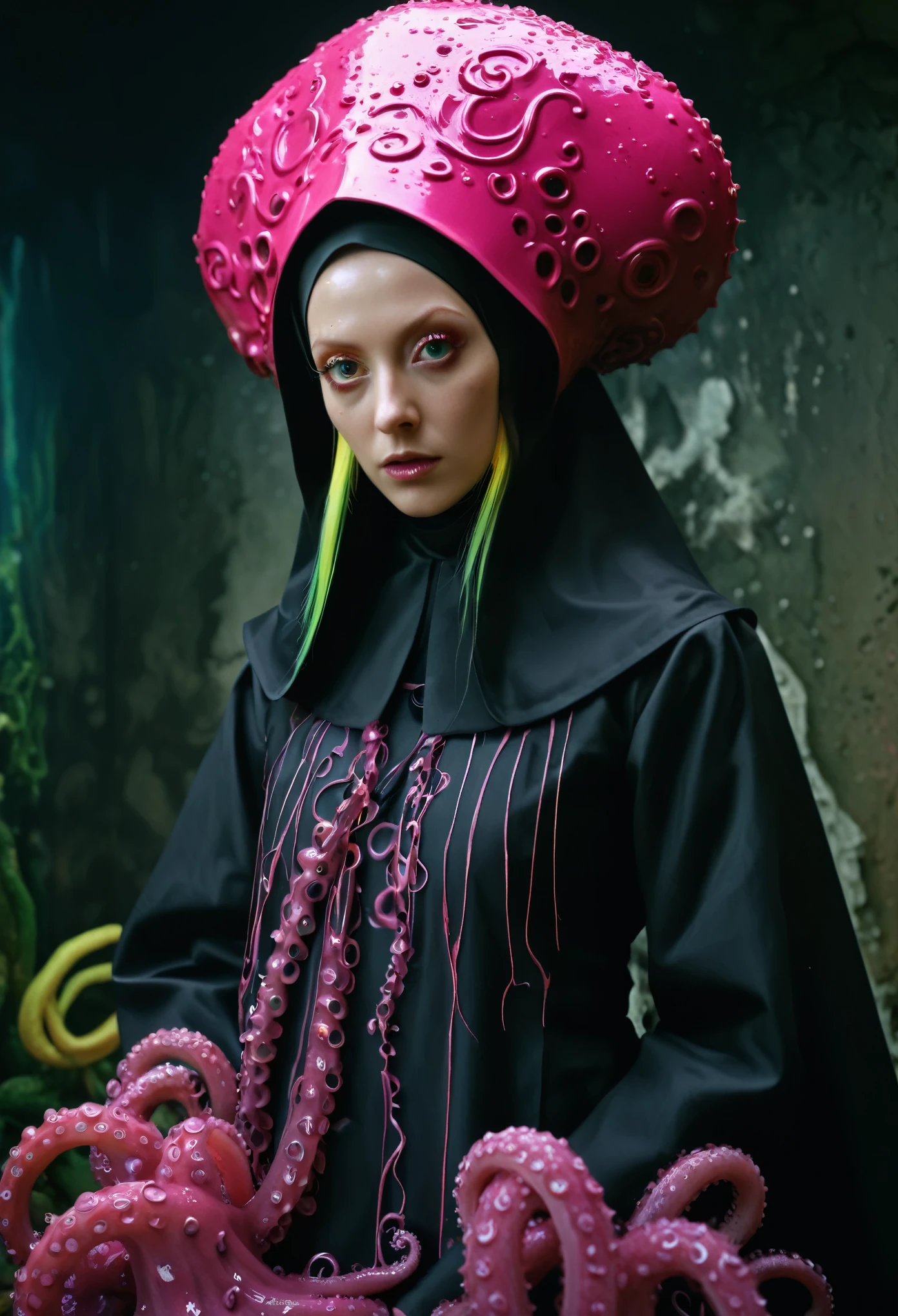 8K, ARTISTIC photogrAphy, best quAlity, mAsterpiece: 1.2), A (potrAit:1.2) witch BLOOD Toon Doll Cthulhu nun QUEEN, EYES, PINK many octopus style tentacles, full body RAW candid cinema, yellow hair, 16mm, color graded portra 400 film, remarkable color, ultra realistic, sad admosphere, dark lighting, oppressive atmosphere, depressive colors, kodak portra 400, photograph,r, Natural Light, Pinhead lighgts, blur reflection, Brush Strokes, Smooth, abstract, Splatter, Oil On Canvas, rainbow colors, fractal isometrics details bioluminescens : a stunning realistic photograph of wet bone structure, 3d render, octane render, intricately detailed, titanium decorative headdress, cinematic, trending on artstation | Isometric | Centered