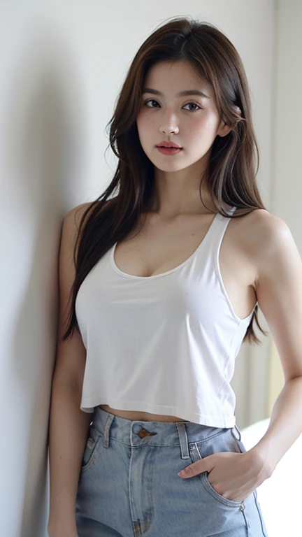 one pretty girl, solo, supermodel, long hair, makeup, parted lips, big , nipples, out, pussy out, cleavage, tank top, further jacket, open clothes, (looking at viewer), standing against wall, indoor, thighs, soft lighting, film grain, upper body, epiCPhoto, (best quality:1.2), (masterpiece),((ultra-detailed)),