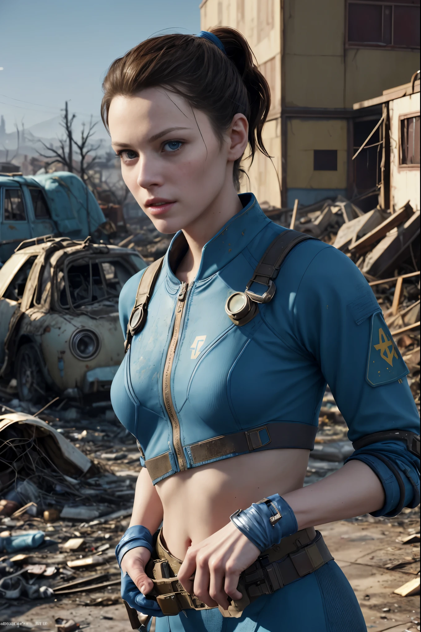A cute and nerdy woman, (Michelle Pfeiffer:Gillian Jacobs:0.5), brunette hair tied in a ponytail, wearing an open high detail blue Fallout 4 vault suit, high detail face, high detail skin, seductive expression, perfect body, perfect proportions, an overgrown city long ruined by nuclear war in the background, high quality, masterpiece, realistic photo, intricately detailed, 8k, HDR, shallow depth of field, wide light, high contrast, backlight, sharp focus, RAW color photo, looking at the camera, cool colors, dynamic poses, in the style of Fallout 4