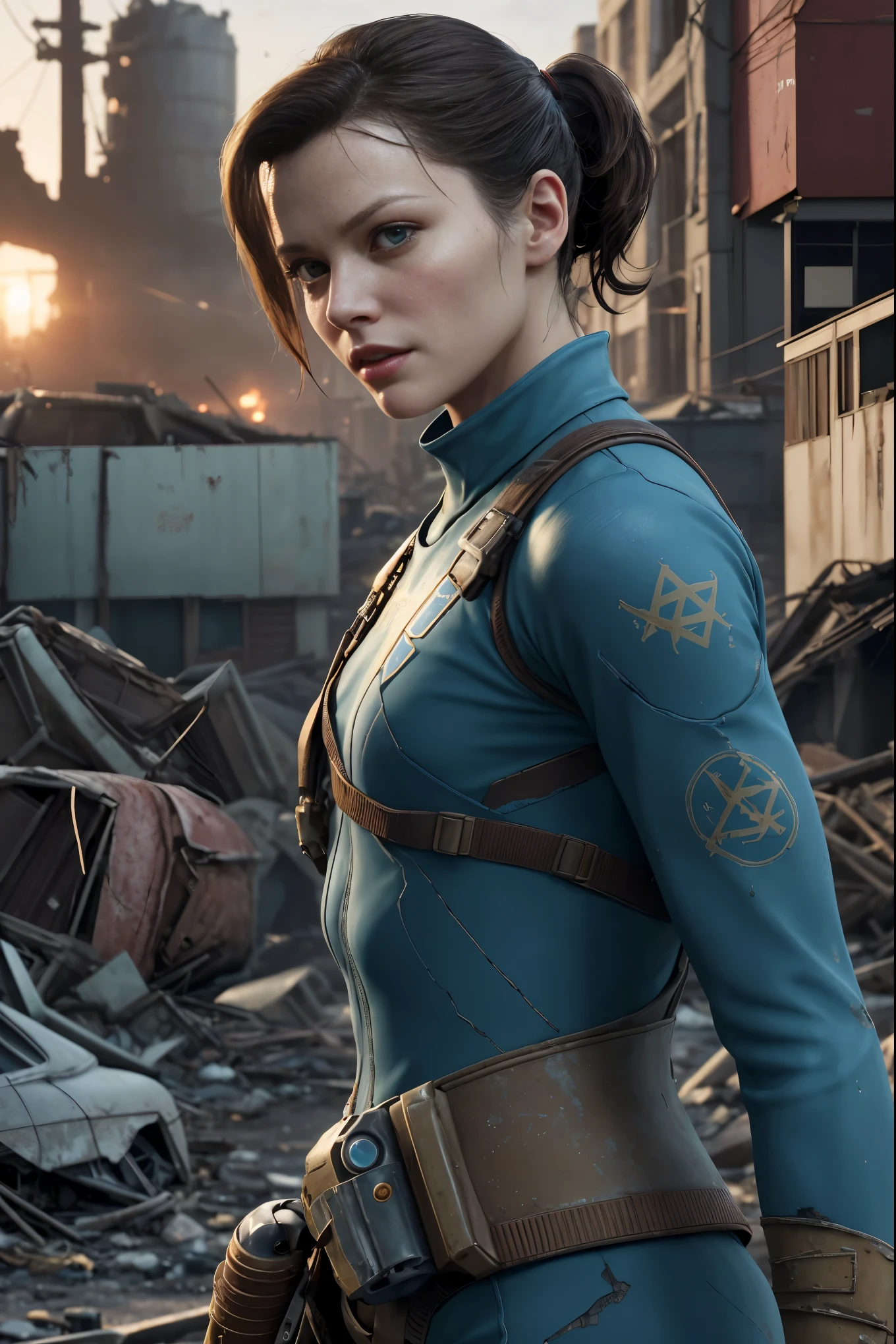 A cute and nerdy woman, (Michelle Pfeiffer:Gillian Jacobs:0.5), brunette hair tied in a ponytail, wearing an open high detail blue Fallout 4 vault suit, high detail face, high detail skin, seductive expression, perfect body, perfect proportions, an overgrown city long ruined by nuclear war in the background, high quality, masterpiece, realistic photo, intricately detailed, 8k, HDR, shallow depth of field, wide light, high contrast, backlight, sharp focus, RAW color photo, looking at the camera, cool colors, dynamic poses, in the style of Fallout 4