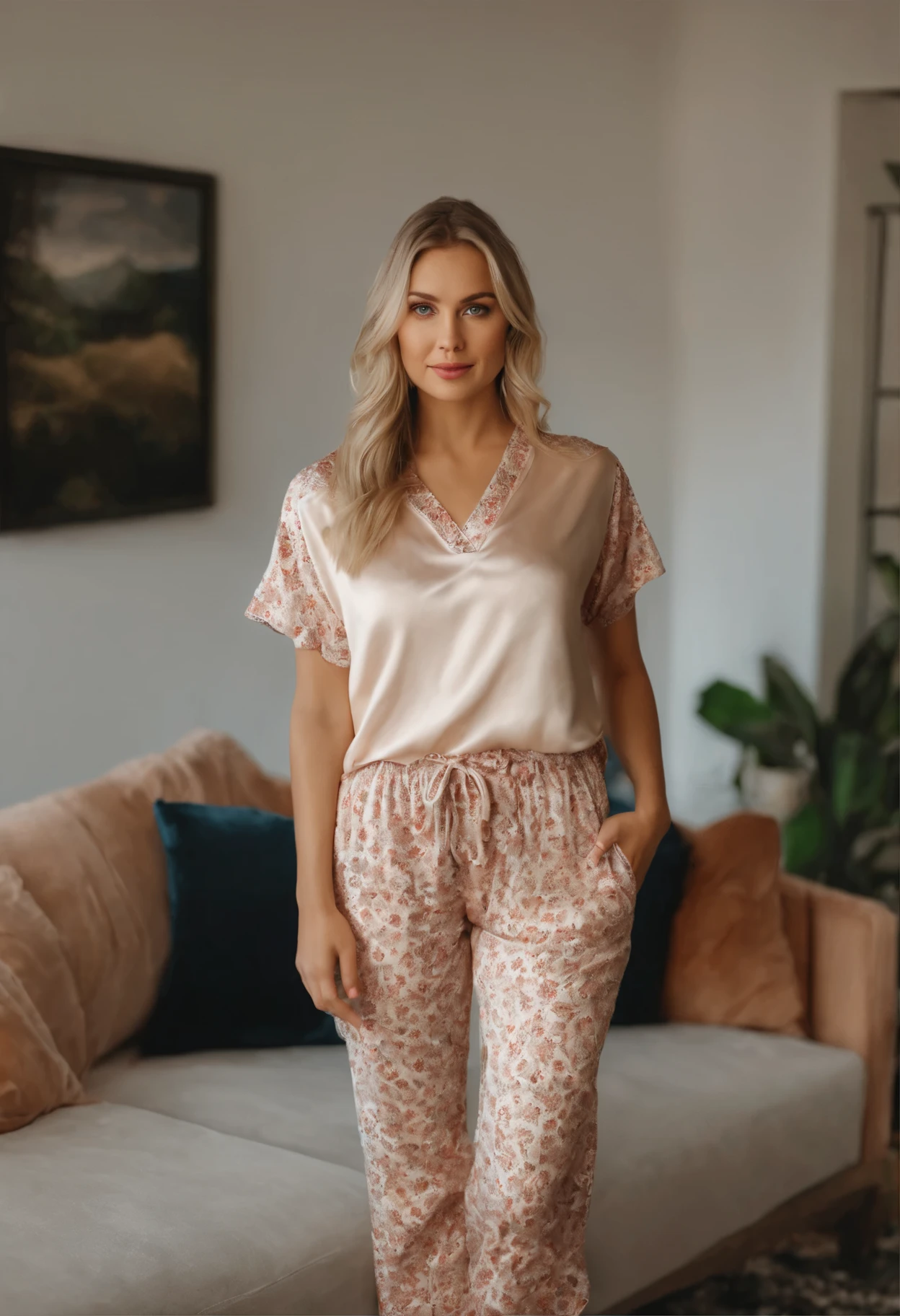 Photo realistic of 25 years old blond beautiful girl looking camera, wearing pajamas, full body shoot, standing in modern living room.