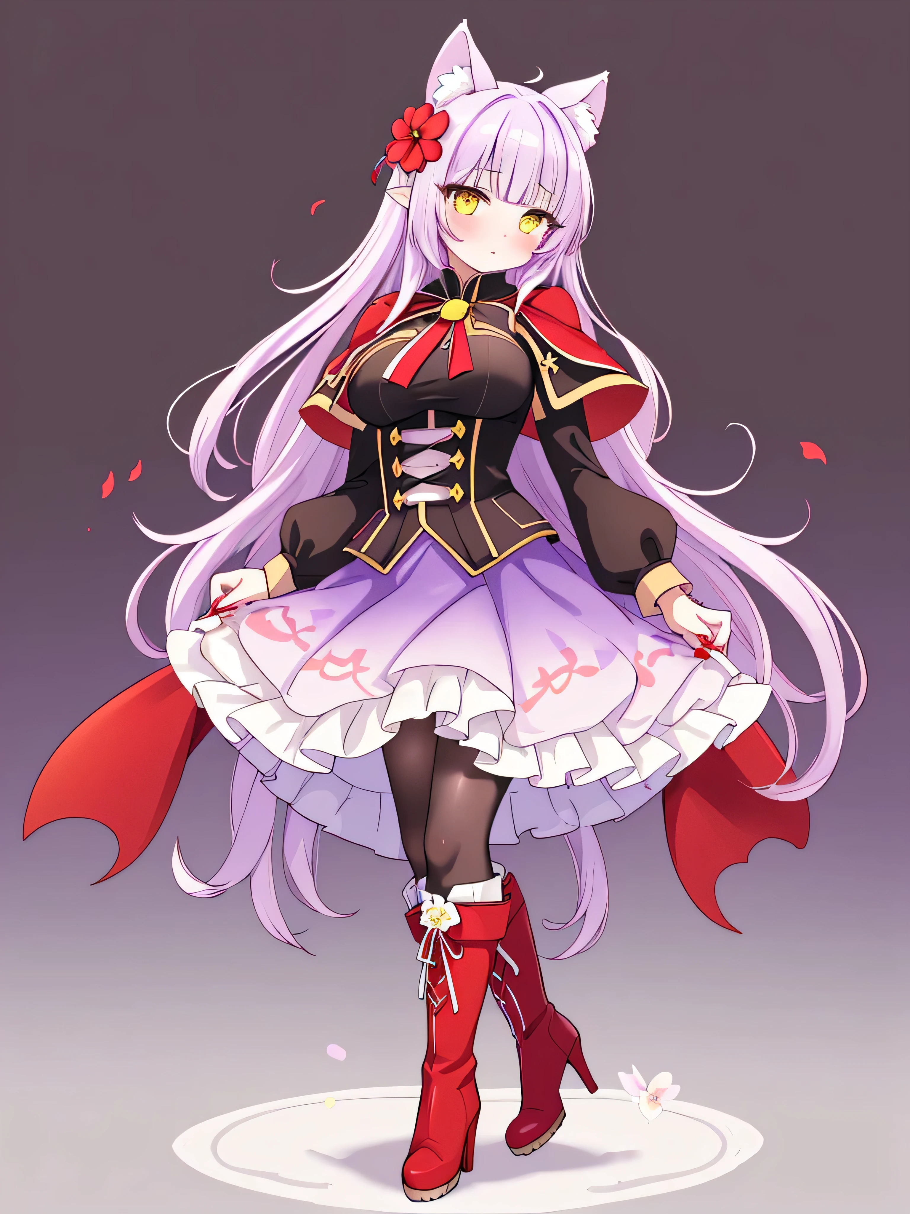masterpiece, top quality, super detailed, CG illustration, high resolution, better lighting, best shadows, very delicate and beautiful, proper shading, hd, 8k,1girl, solo, long hair, breasts, looking at viewer, blush, bangs, skirt, blonde hair, large breasts, shirt, hair ornament, long sleeves, animal ears, standing, full body, yellow eyes, white shirt, purple hair, flower, multicolored hair, boots, parted lips, hair flower, cape, high heels, animal ear fluff, gradient, gradient background, brown footwear, own hands together, red flower, red footwear, red nails, extra ears, high heel boots, purple flower, black cape, yellow skirt