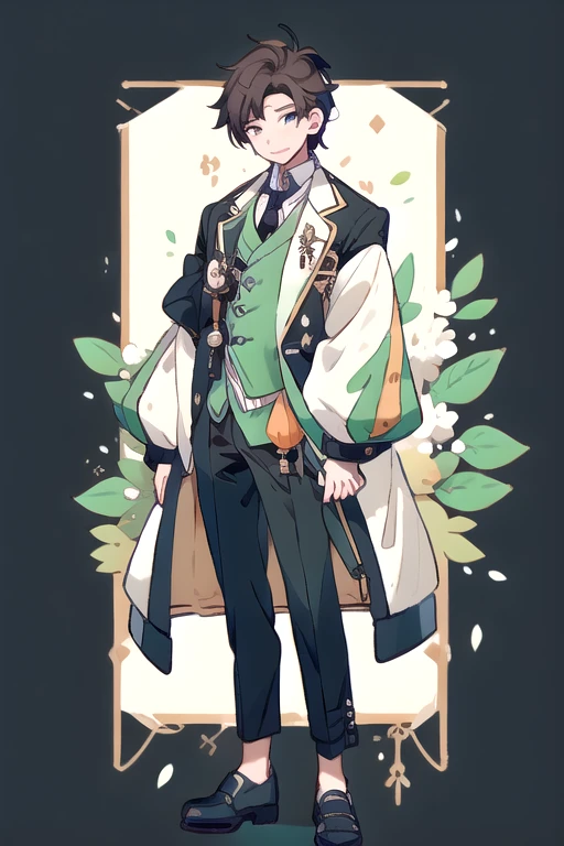 1 boy, virtual youtuber, Male focus, One, green jacket, jacket, коричневая shoes, tie, brown vest, green eyes, trousers, Whole body, Brown hair, yellow tie, shirt, White background, hair over one eye, vest, smile, I look at the viewer, shoes, sleeves rolled up, Mole, collared shirt, standing, Simple background, black trousers, white shirt, closed mouth, bang, striped, one eye is closed, brown trousers