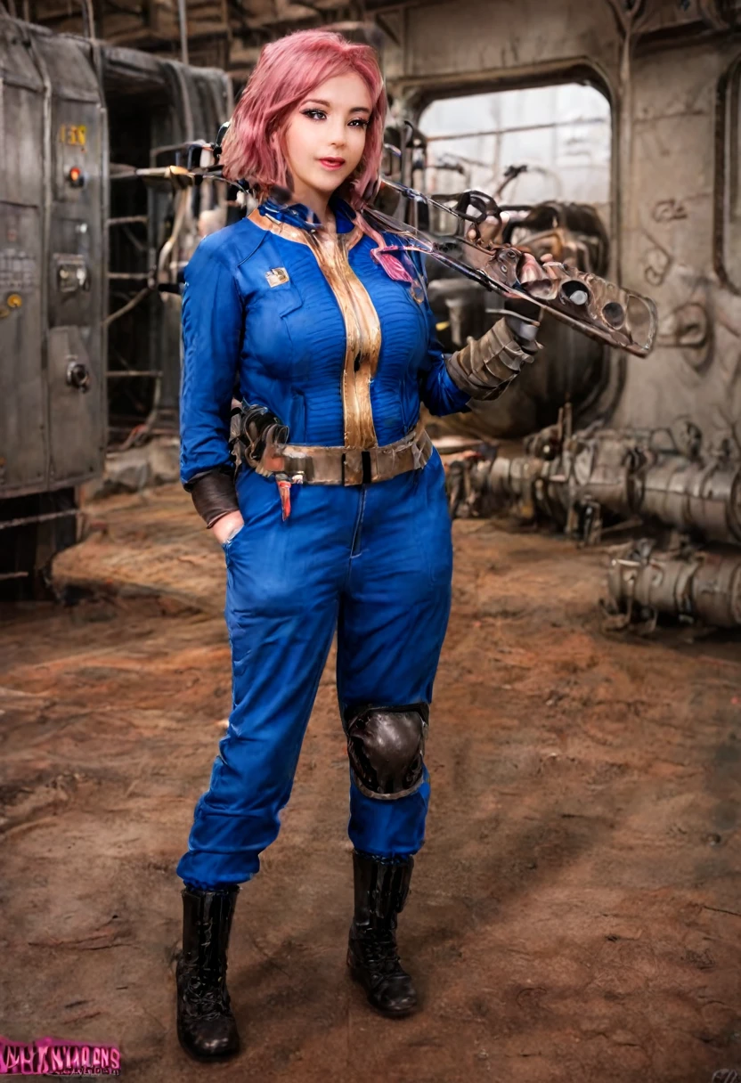 Mayl Sakurai reimagined as a vault dweller in vault doing maintenance, pipboy, pink hair, 26year old, vault dweller jumpsuit,milf, underground, indoor