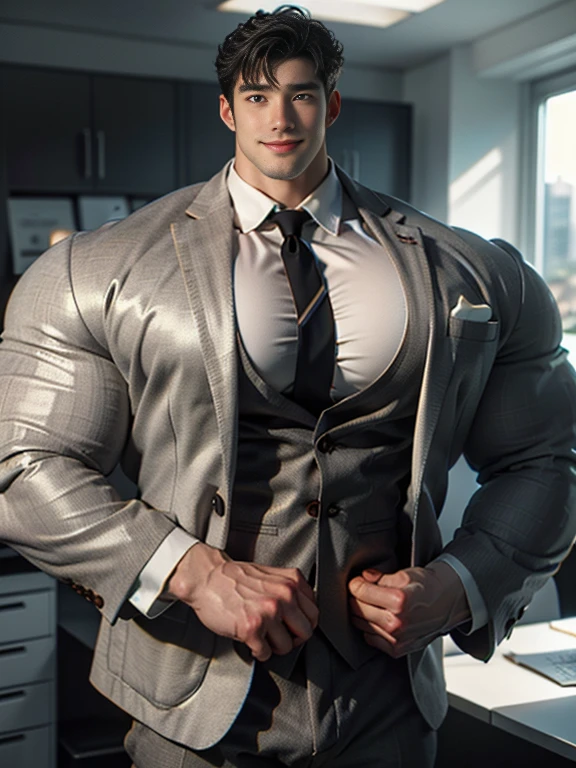 (best quality:1.5, hyperrealistic:1.5, photorealistic:1.4, madly detailed CG unity 8k wallpaper:1.5, masterpiece:1.3, enthusiastically detailed photo:1.2), (hyper-realistic lifelike texture:1.4), highly detailed, ((masterpiece, best quality)) ,extremely detailed 8K wallpaper, 1 korean male, (korean man with k-pop idol look), 20yo, handsome, detailed face, heavy muscular, stubble, sexy and masculine, formal tailored suit & pants, prominent bulge, photo real, illuminating light, big, brutalmass, giant, muscular bodybuilder, bulk, massive body, large size, smile, office