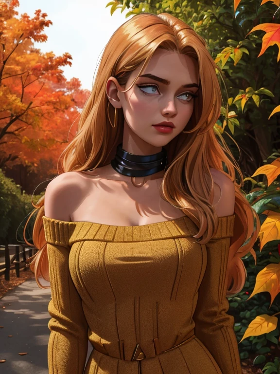 Photo of a 20-year-old solo girl, with long, loose golden hair, a colossal presence, looking directly at the spectator with brown, captivating eyes, adorned with jewelry. Her entire body is in the frame, wearing a sweater and showcasing a sexy, realistic allure, with her shoulders bared and a collar peeking out from beyond her shoulders. (best quality, highres, ultra-detailed: 1.2), Golden hour lighting, outdoor, atmospheric, autumn landscape, crisp leaves, rustic textures, (the highest quality, 16k, masterpiece: 1.3).
