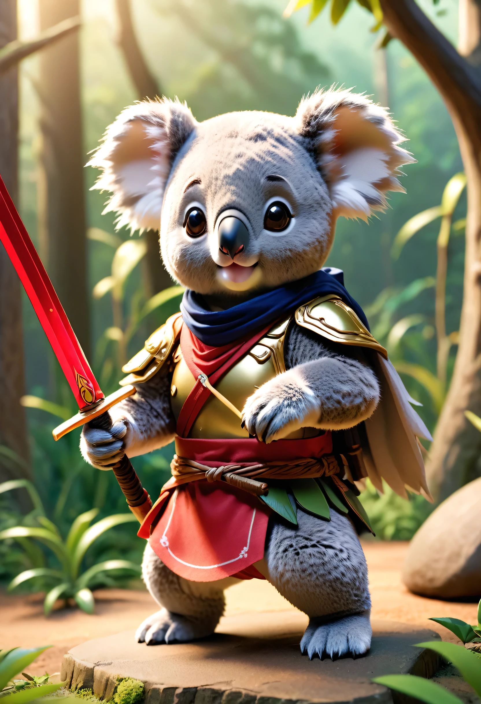 Esbian all over、Cool Koala、Pop Koala、Diorama、Simple Background、bandana、Holding a two-handed sword、Best Quality, Capture the cutest moments, Depth of written boundary, Super detailed, Ultra-high resolution, Octadale, 8K, 16km race