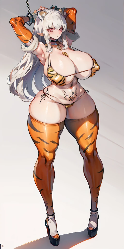 (plain background, masterpiece, best quality, ultra-detailed, best shadow, best rendering: 1.2) (1girl) (8k) (photorealistic:1.4) best quality, ultra high res, highly detailed eyes, cleavage cutout, female white long hair in yellow bikini with tiger stripes on it, tiger sleeves, tiger stockings, abs, full body, tanned skin, high heels, tiger tail, slave collar on neck, elf female, tattered clothes, shackles on arms and legs, red navel tattoo, abs, stomach exposed, standing straight symmetrical looking to the viewer, view from below, wide hips