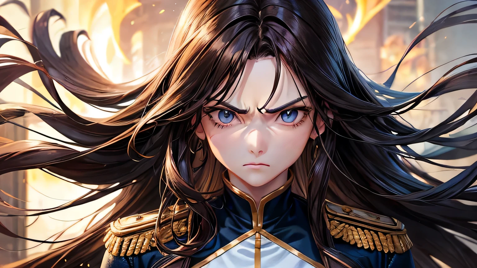 woman、Age 25、Long Hair、Brown Hair、Angry face、uniform、Detailed, high-quality, flawless facial expression、Detailed, high quality and perfect eye depiction、Detailed, high quality and perfect costume depiction、